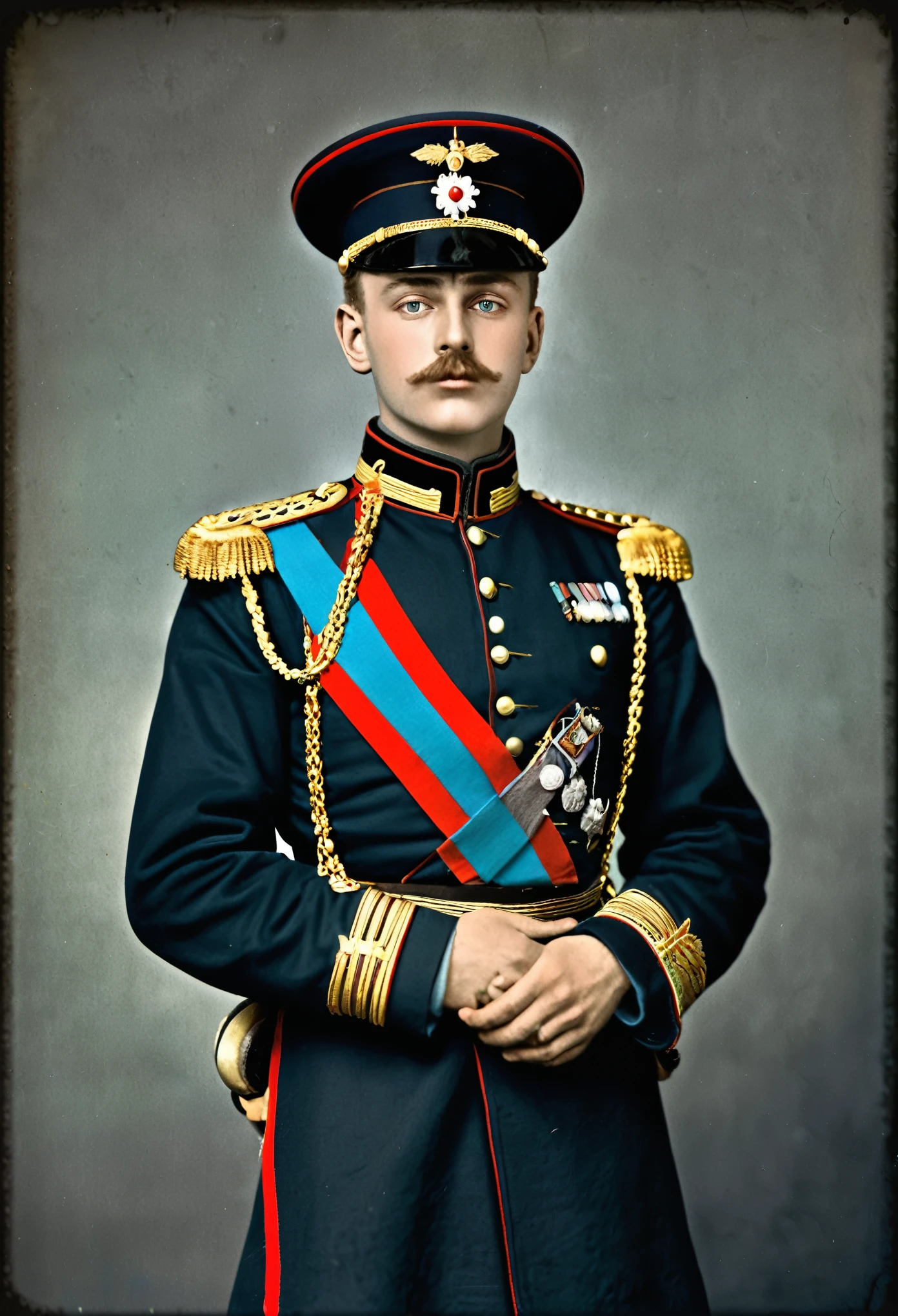 arafed image of a man in a uniform posing for a picture, a colorized photo inspired by Otto Pilny, flickr, fine art, award winning colorized photo, imperial russia, wearing russian ww 1 clothes, russian ww 1, young tsar, in black military uniform, in military uniform, great emperor of russian empire, colourized, colorized