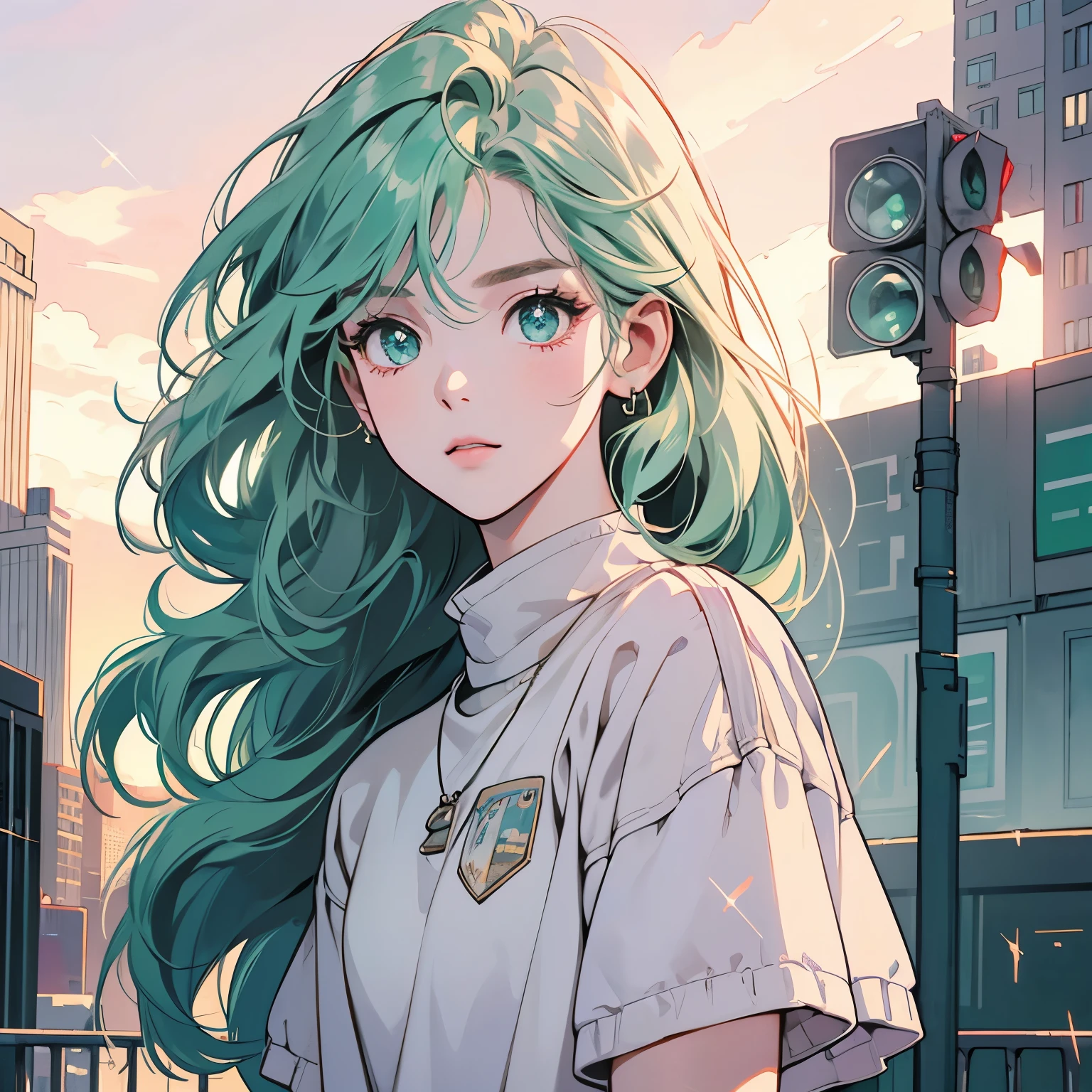 Upper Body、woman１people、highest quality、8K、The wind is blowing、Short sleeve sweater、Sunset、City of the Future、skyscraper、electric wire、pedestrian crossing、logo、line、station、(((Sparkling Eyes)))、(((Strong gaze)))、Pale green hair、Hair Length Medium、Detailed Hair、Complex background、Detailed、Faint lighting、Backlight、dim、Clouds in the sky、front