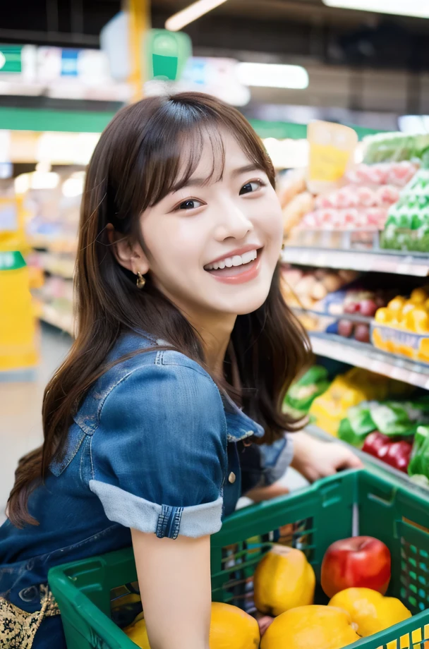 (8K, highest quality, masterpiece: 1.2), a beautiful girl, look at viewer, (Laughing:1.2), (open mouth:1.1), Super detailed, super resolution, working at a supermarket,
