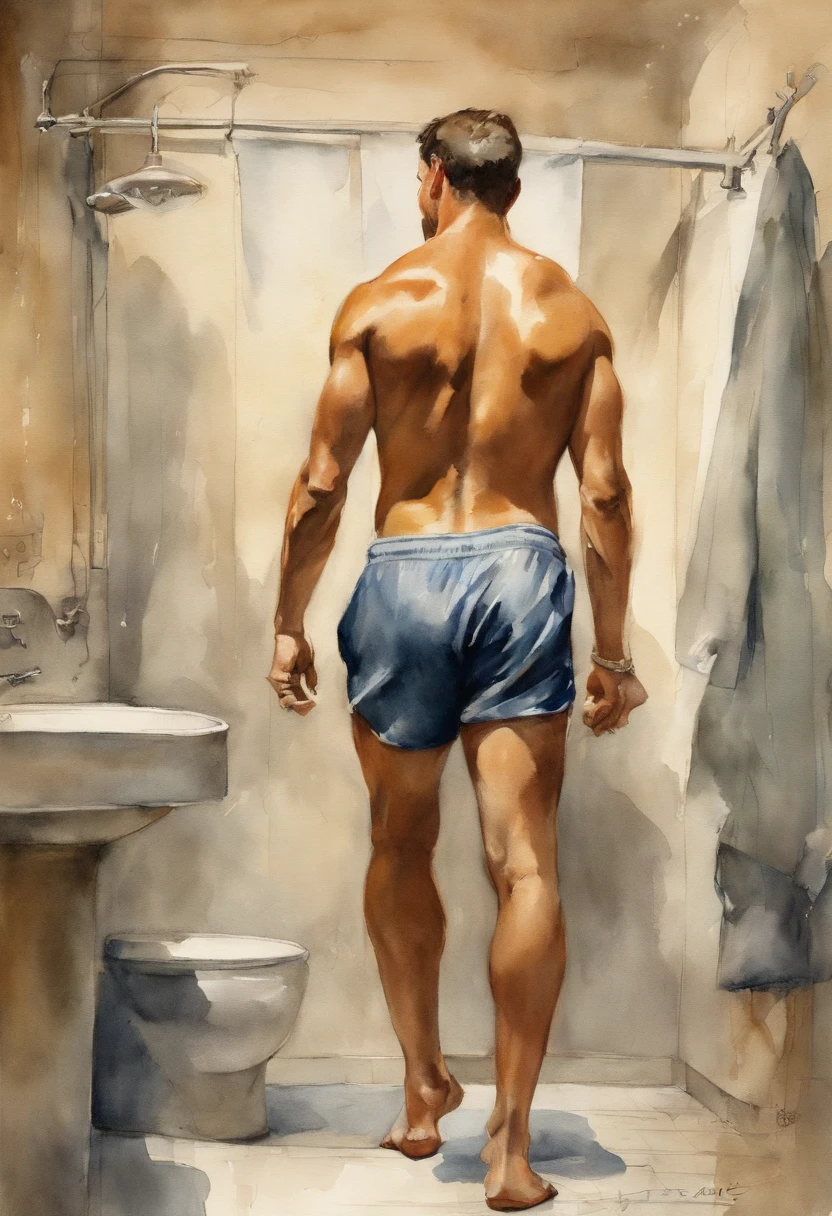 Outline, Estudo da figura masculina de 20 anos, Joven atleta musculoso, standing, corpo robusto completo, completamente nu, totalmente , , despido, Au natural, Cubra a virilha com uma toalha branca, apenas traseira, Crowded gym shower with water jets and men showering in the background, bolos, Por Harry Bush, James Montgomery Flagg e Lois van Baarle e Jim French e RossDrew, Olhos realistas detalhados, large bare feet, large lump in groin, muito bonito, lindo. Asas de anjo angelical. Aquarela tinta manchada e pingos de tinta