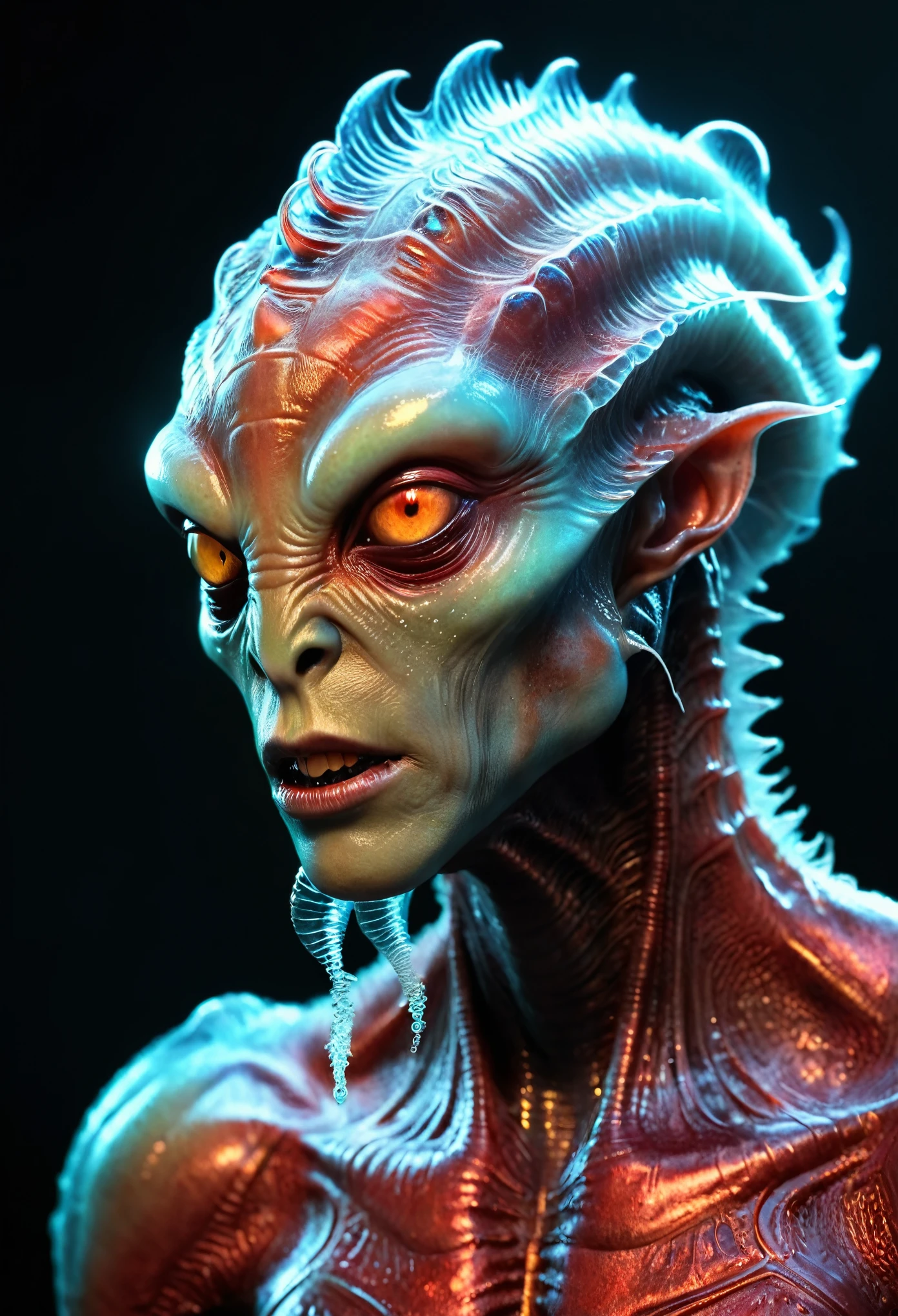 hyper realistic and highly detailed, closeup portrait photo of an otherworldly fantasy monstrous alien creature, (bizarre, translucent, bioluminescent and transparent:1.5), photorealistic and highly detailed skin, visible pores, ultra detailed skin textures, (professional, finest details, maximized details, ultimate detail level, masterpiece, best quality:1.5), neon ruby red hue, duo toned,  highly dynamic, highly dramatic volumetric lighting, half body portrait, cinematic, movie still, captured in the style of Sony Alpha A7 III camera