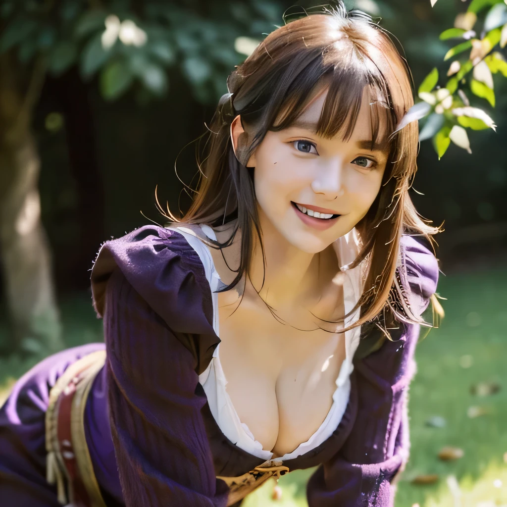 ((Best image quality,masterpiece,8k wallpaper,Extremely detailed depiction,High resolution)). One Woman,22 years old,French,(Very beautiful woman,bangs,Hair color is black,Thin eyebrows,Small Head,Detailed facial features),Pink Cheeks,((Purple German folk costume:1.2)),((Large Breasts:1.4)),Cleavage,On all fours,Looking up at the audience,Beautiful Skin,(The best smile). Background is a German village,Natural soft light,Outdoor,70 degree angle of view