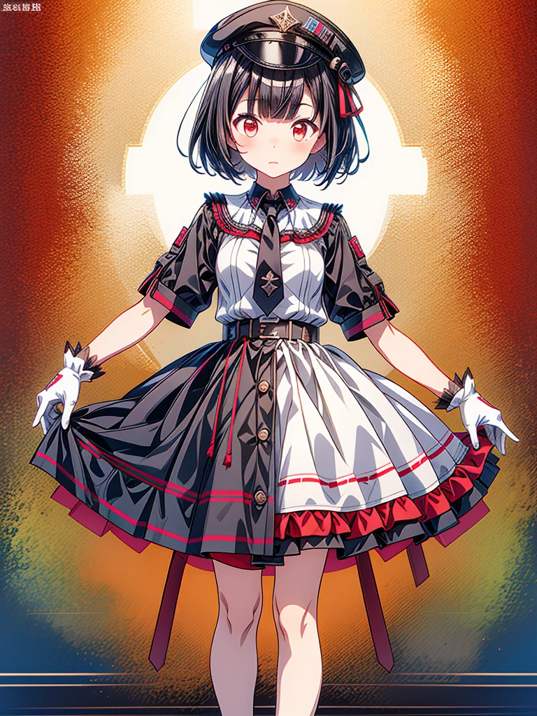 1girl、highest quality、vtuber-fullbody、Milky white short hair、Masterpiece、Official Art、The best composition、Standing in front of the viewer、Simple Background、Black and red gothic military、m1l1t4ry, necktie, black gloves, black dress, peaked cap, puffy dress, short sleeves,