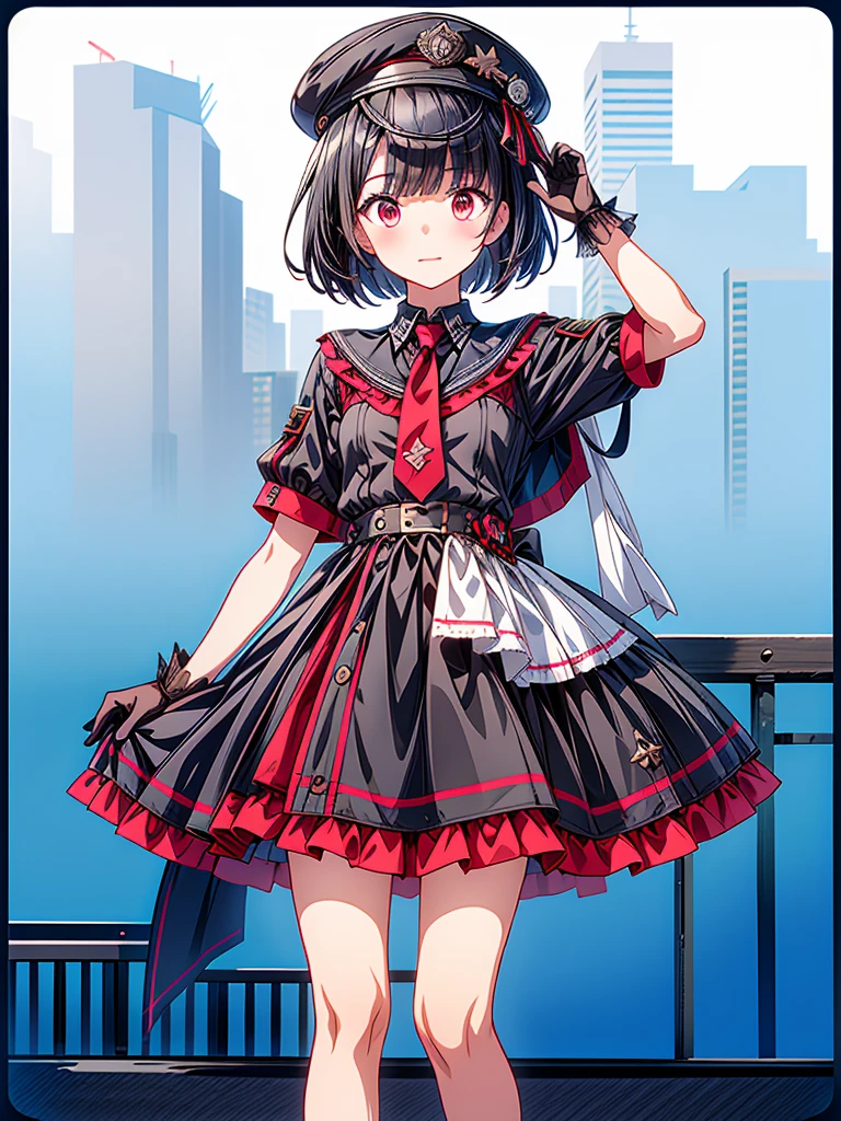 1girl、highest quality、vtuber-fullbody、Milky white short hair、Masterpiece、Official Art、The best composition、Standing in front of the viewer、Simple Background、Black and red gothic military、m1l1t4ry, necktie, black gloves, black dress, peaked cap, puffy dress, short sleeves,