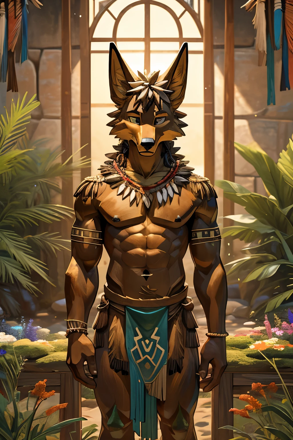 Wooden golden jackal torso, tribal, flowers, African tribal totem, wooden statue torso, statue, inanimate, athletic frame, male, femboy, pretty, messy hair, brown_body, brown_skin, zulu, ritualistic, artwork, loincloth, no limbs, anthro, furry, vegetation overgrown, moss, animation