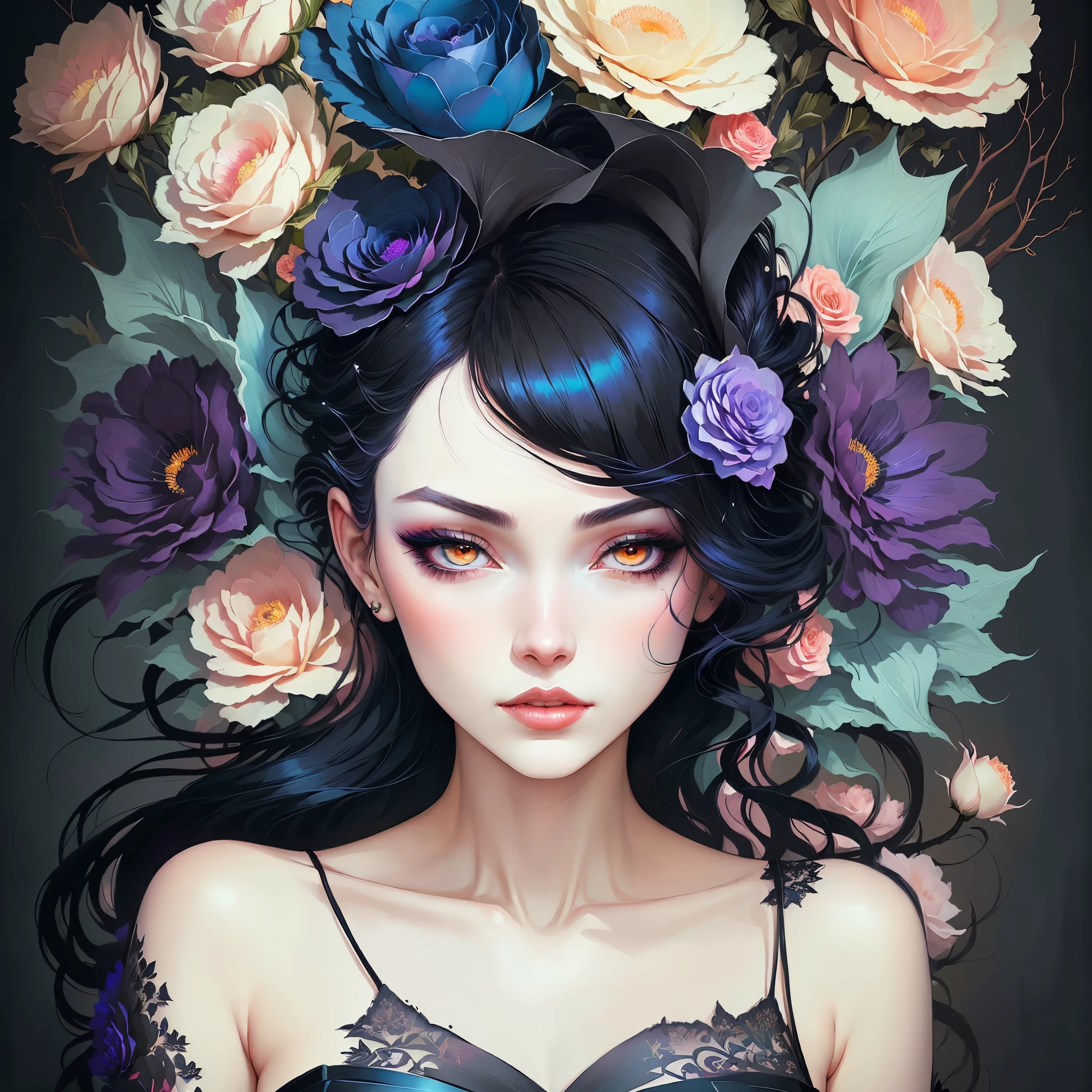 a painting of a woman with a black dress and flowers, inspired by Kelly McKernan, inspired by Harumi Hironaka, inspired by Sandra Chevrier, inspired by Nene Thomas, style of charlie bowater, tom bagshaw style, jana brike art, neoartcore and charlie bowater, in style of tom bagshaw, in style of charlie bowater