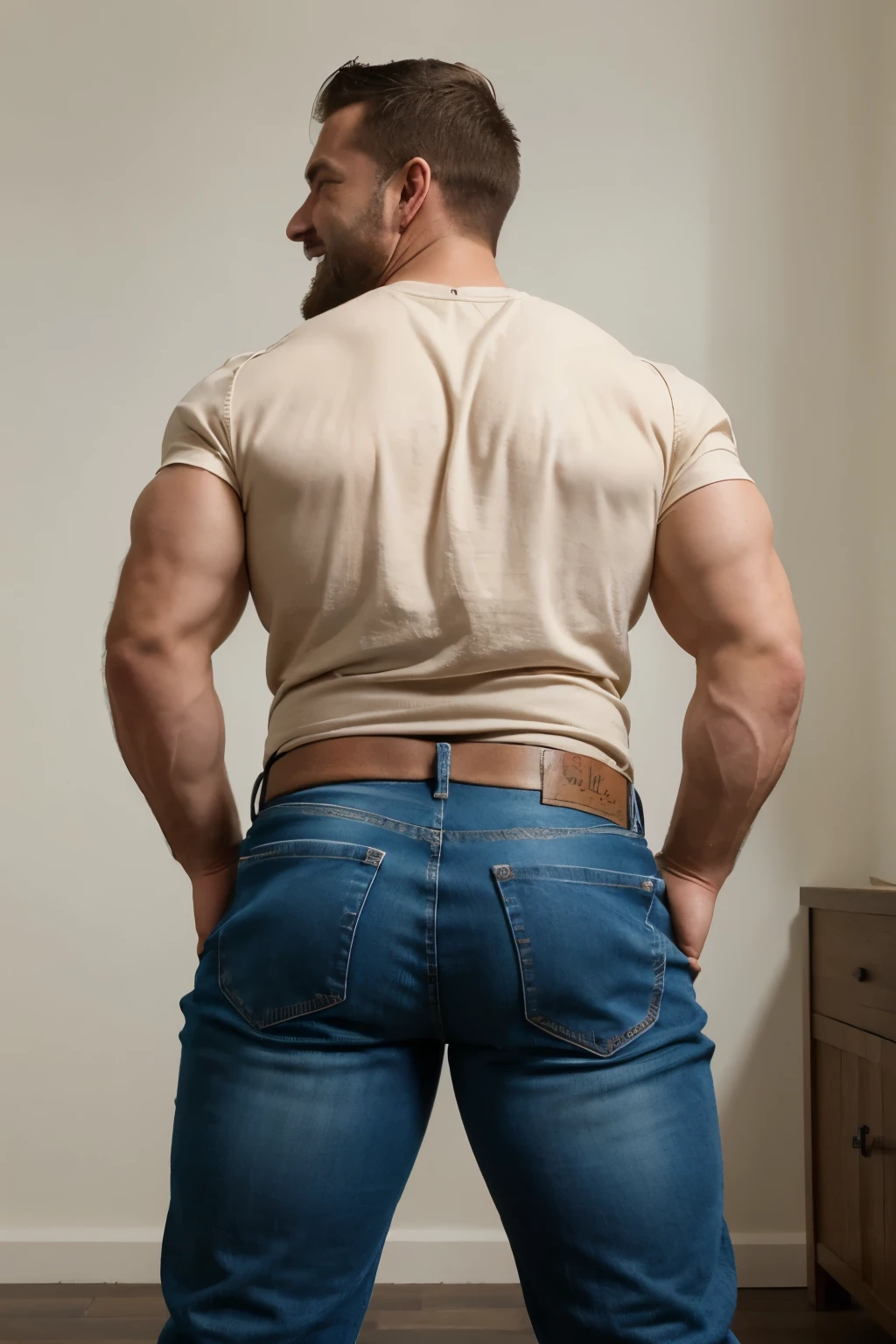 Award-winning original photoen, 30 years old man and wild muscular man, 40 years old, short beards, burly, hunk, wearing shirts, smilling happil, detailed, lovely, full body,  creme jeans (((backside))) bent over 