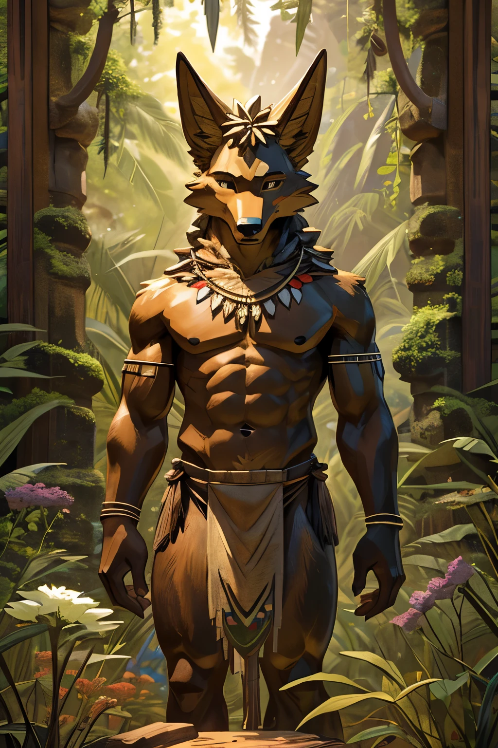 Wooden golden jackal torso, tribal, flowers, African tribal totem, wooden statue torso, statue, inanimate, athletic frame, male, femboy, pretty, messy hair, brown_body, brown_skin, zulu, ritualistic, artwork, loincloth, no limbs, anthro, furry, vegetation overgrown, moss, animation