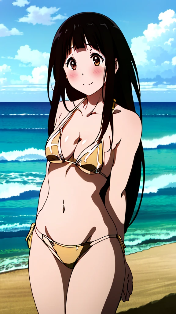 (masterpiece, 4K, highest quality, anime style: 1.9, Detailed face, Lovely, Ocean,Bold Line, High resolution, anime, Lake 4. alone, Curvaceous, slim,Cleavage, Center of chest, smile, Embarrassed face,非常にslimなお腹, Cowboy Shot,(((Gold yellow bikini))),1 girl,Black Hair, Long Hair, Chitanda Eru,blush,((White skin)),looking at the camera