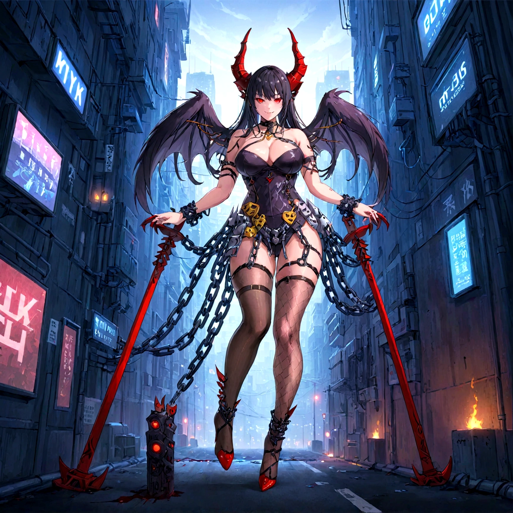 cyber city, cyber waifu nône, chain, mesh stockings, large breast, blood, devil smile, red eyes, dark hair, ultra detailed, high resolution, 8K, full body,