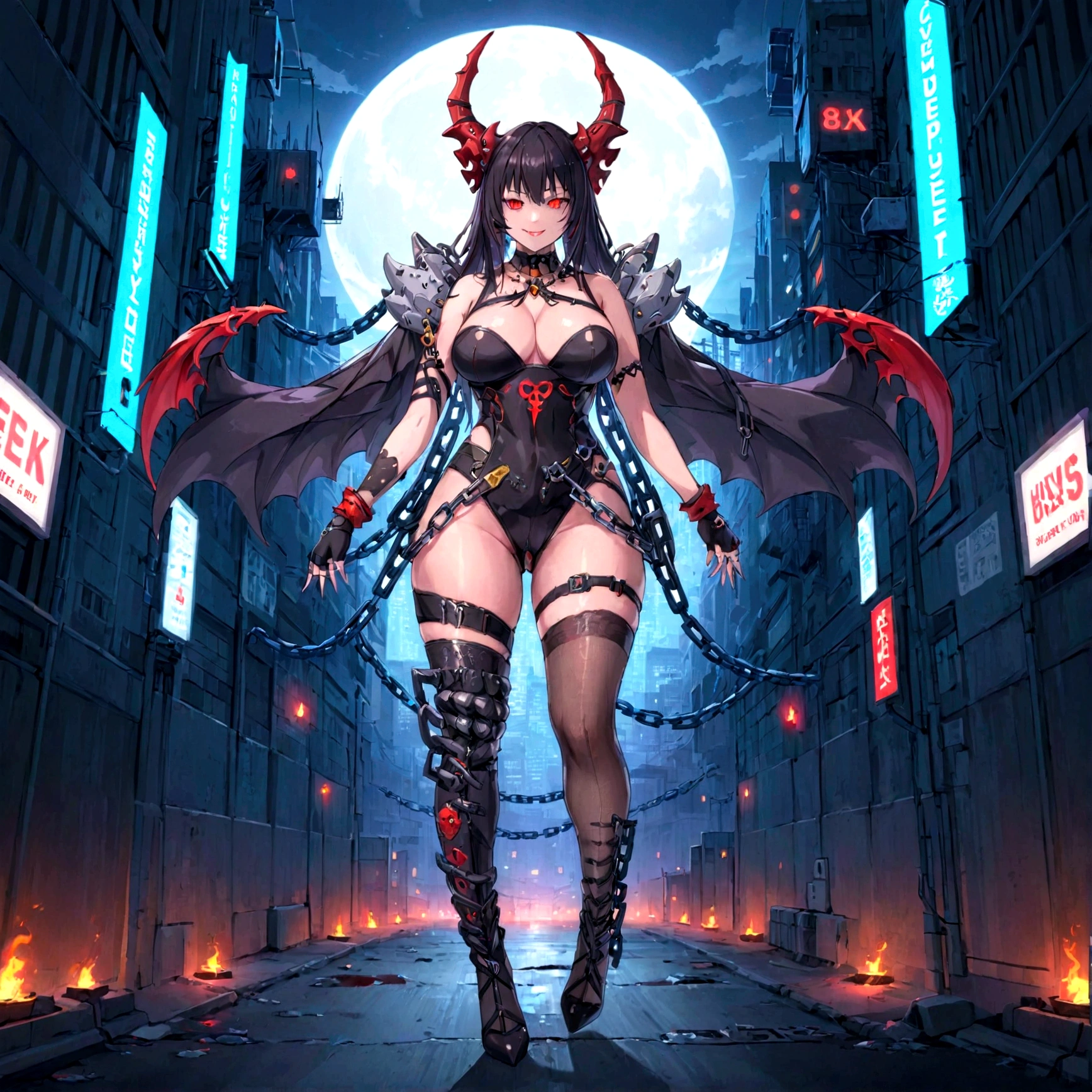 cyber city, cyber waifu nône, chain, mesh stockings, large breast, blood, devil smile, red eyes, dark hair, ultra detailed, high resolution, 8K, full body,