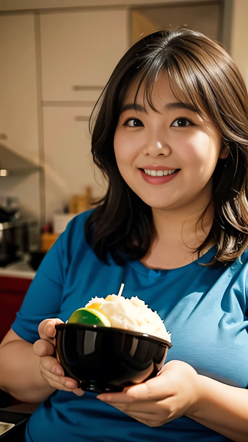 Fat Woman, Obese, Big Size, Round face, Double chin, Overweight,Shoulder-length fluffy hair , Eating deliciously,Looking at the camera,smile、