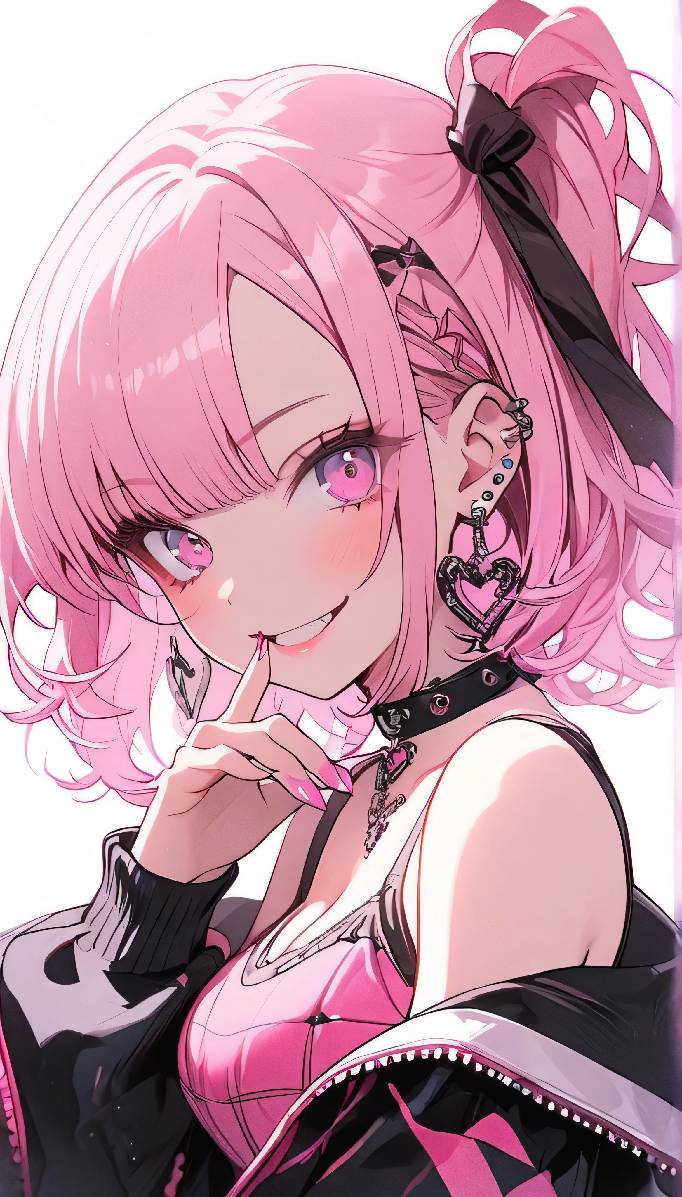1girl, solo, breasts, looking at viewer, smile, short hair, bangs, ribbon, cleavage, bare shoulders, jewelry, jacket, hair ribbon, upper body, pink hair, multicolored hair, earrings, choker, hand up, pink eyes, off shoulder, nail polish, fingernails, head tilt, one side up, pink background, ear piercing, pink nails, smoking, pink theme
