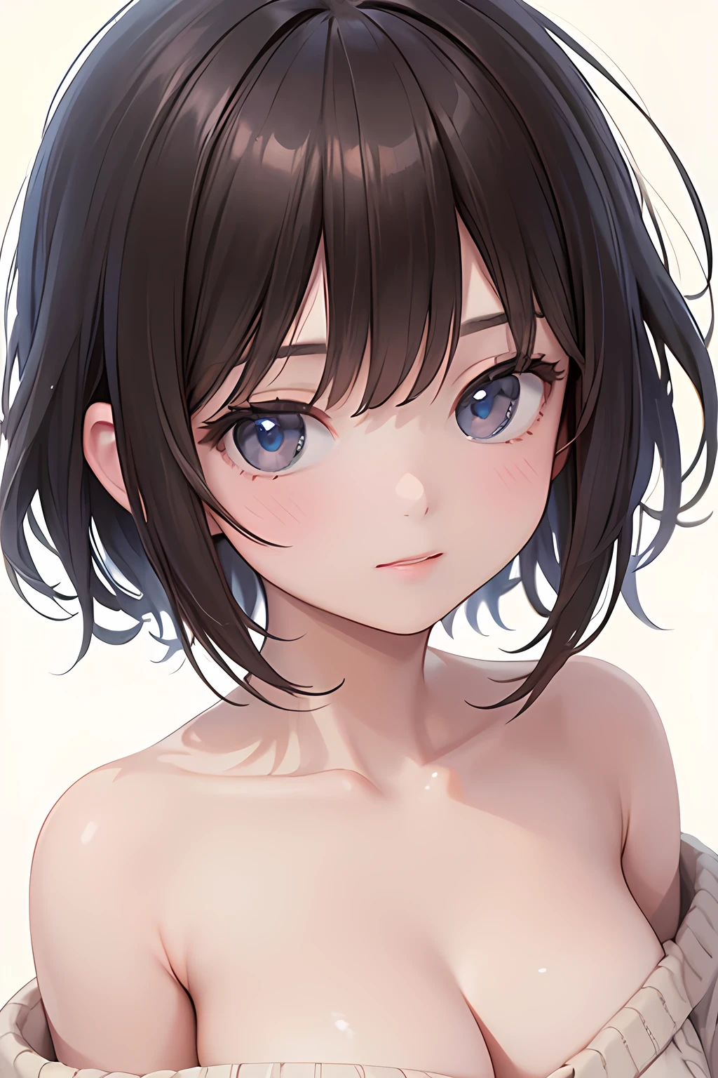 (​masterpiece:1.3), (8K, Raw photography, Top image quality: 1.4),  kawaii elemrl、(Random hairstyles:1.2)、small cleavage of the breast:1.2、Super Detail Face、Eye of Detail、Bring your chest together、sharp focus:1.2、cute loli:1.4、light brown ir、top-quality、​超A high resolution、(Photorealistic:1.4)、Highly detailed and professional lighting smile、strapless, Loose and light knitwear、Shoulder out、no bra, slender little body、serious facial expression、short-haired、Fatal position