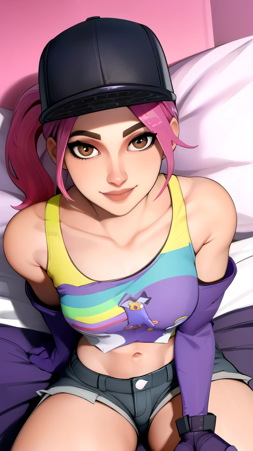 bebmber, pink hair,  ponytail,  brown eyes,  lips, 
black hat,  crop top,  navel,  short shorts,   purple gloves,  collarbone, smile
looking at viewer, Lying on bed, split legs, split arms,
(insanely detailed, beautiful detailed face, beautiful detailed eyes, masterpiece, best quality), solo, 1boy, pov, missionary, 
 