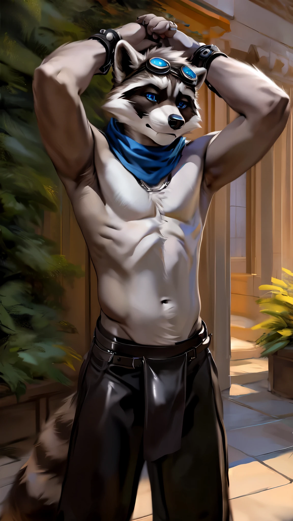 teen furry, furry, teenager, raccoon, grey body, brown spiked hair, detailed eyes, Detailed body fur, long blue scarf, leather_harness, blue_loincloth, goggles, masterpiece, gray body, Detailed face, big eyebrows, blue eyes, detailed eyes, No muscles, Detailed hands, Flat body, Skinny, Detailed paws, metal cuffs on wrists, metal cuffs on ankles, black baggy pants, bored, tired, sad, arms over head, art by chunie