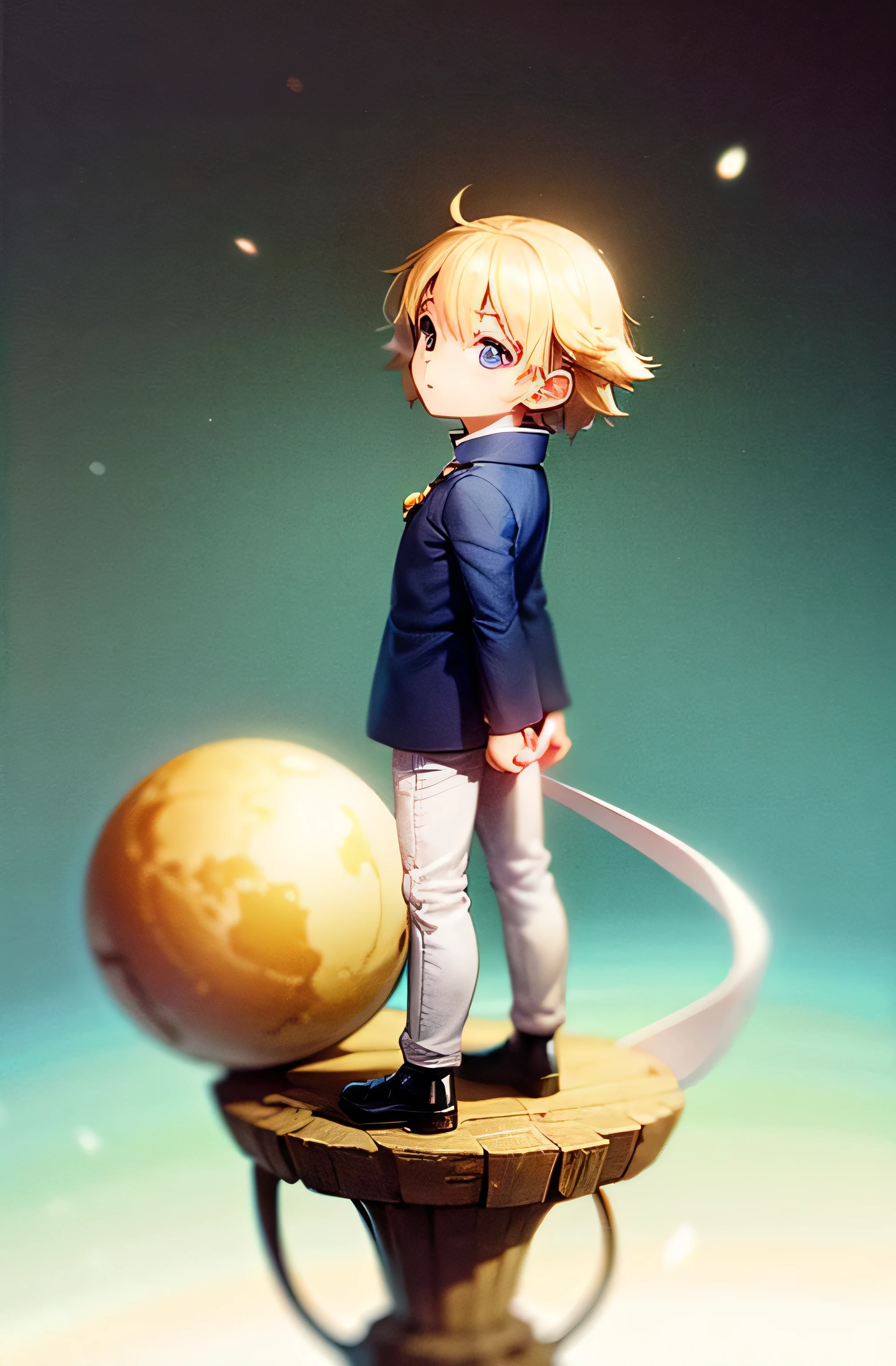 Little prince standing on a small planet