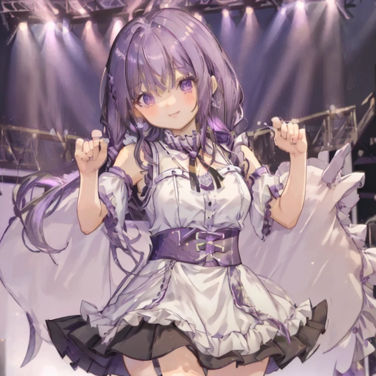 1 girl、mature、Ample breasts、Purple Hair、Long Hair、Braiding、Sharp eyes、Twin tails、Like an idol、Idol Costumes、mini skirt、Thighs、Sleeveless、Frills、stage、High resolution、highest quality、masterpiece、smile、cute、Cinema Lighting