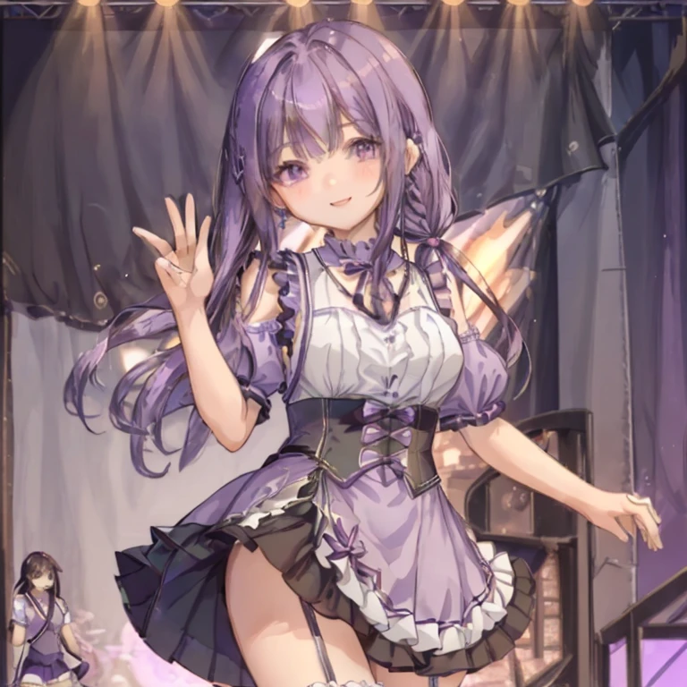 1 girl、mature、Ample breasts、Purple Hair、Long Hair、Braiding、Sharp eyes、Twin tails、Like an idol、Idol Costumes、mini skirt、Thighs、Sleeveless、Frills、stage、High resolution、highest quality、masterpiece、smile、cute、Cinema Lighting