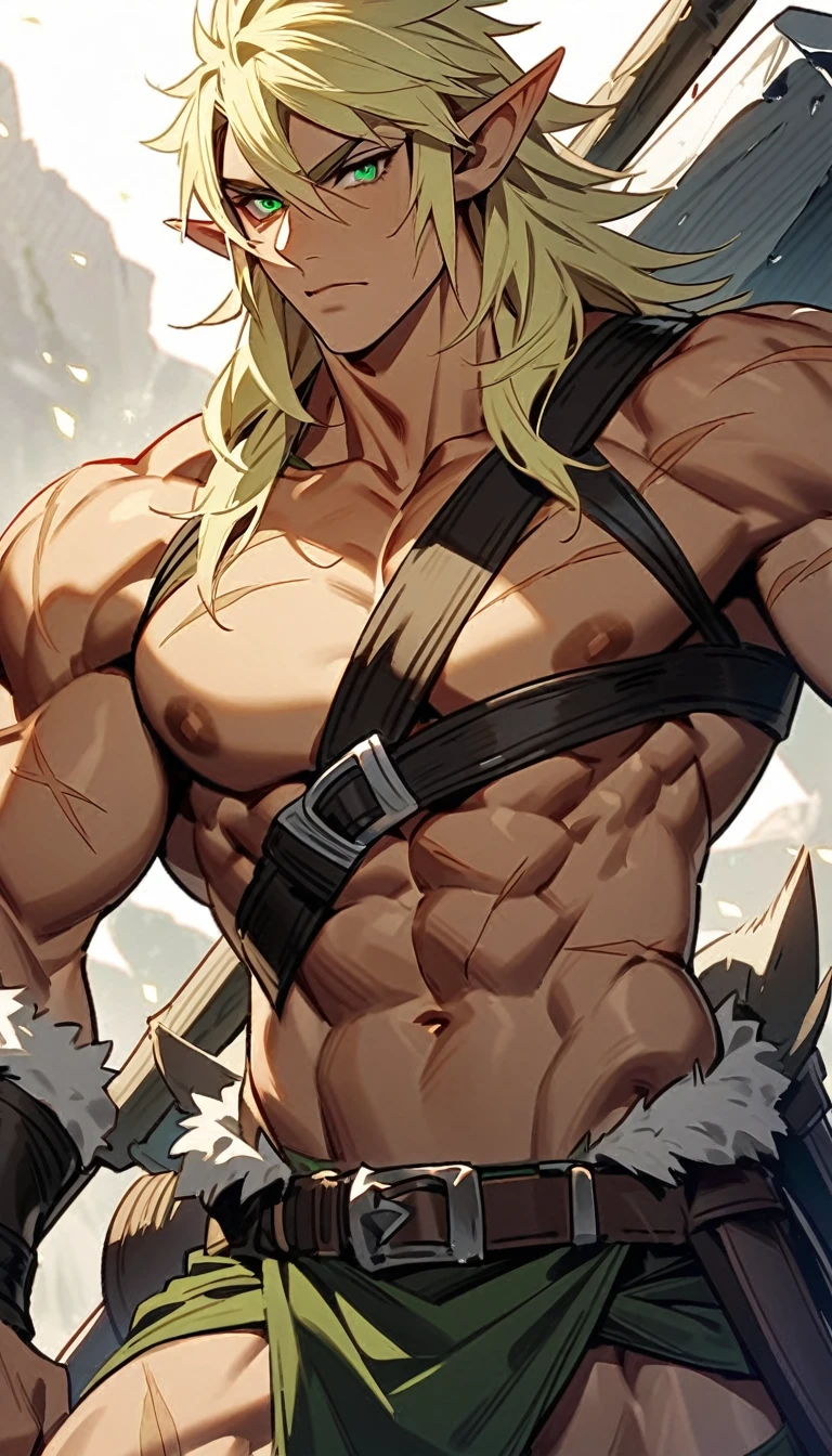 A male high elf barbarian. The high elf should be a man with blonde hair and green eyes. The elf should have a muscular body with scars. The elf should have a mighty hammer and a barbarion outfit.