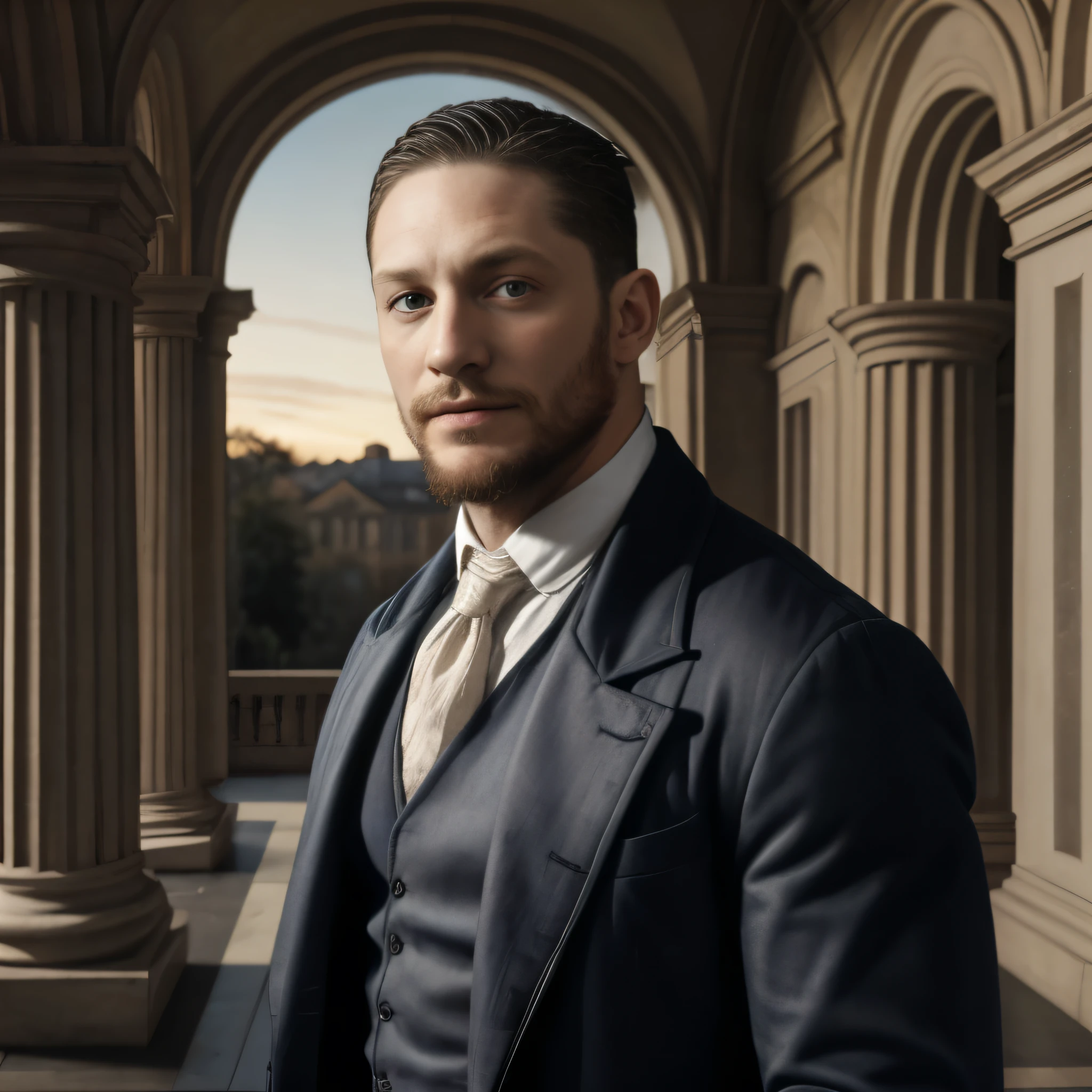 Tom Hardy, Pintura renacentista, Detailed description, Physical Characteristics, Vestimenta renacentista, Velvet doublet, Capa de seda, Luz suave del atardecer, thoughtful expression, Postura y presencia, Architectural background, Tapestries and marble columns, Intersection between past and present, Realismo y detalle, Carisma y misterio