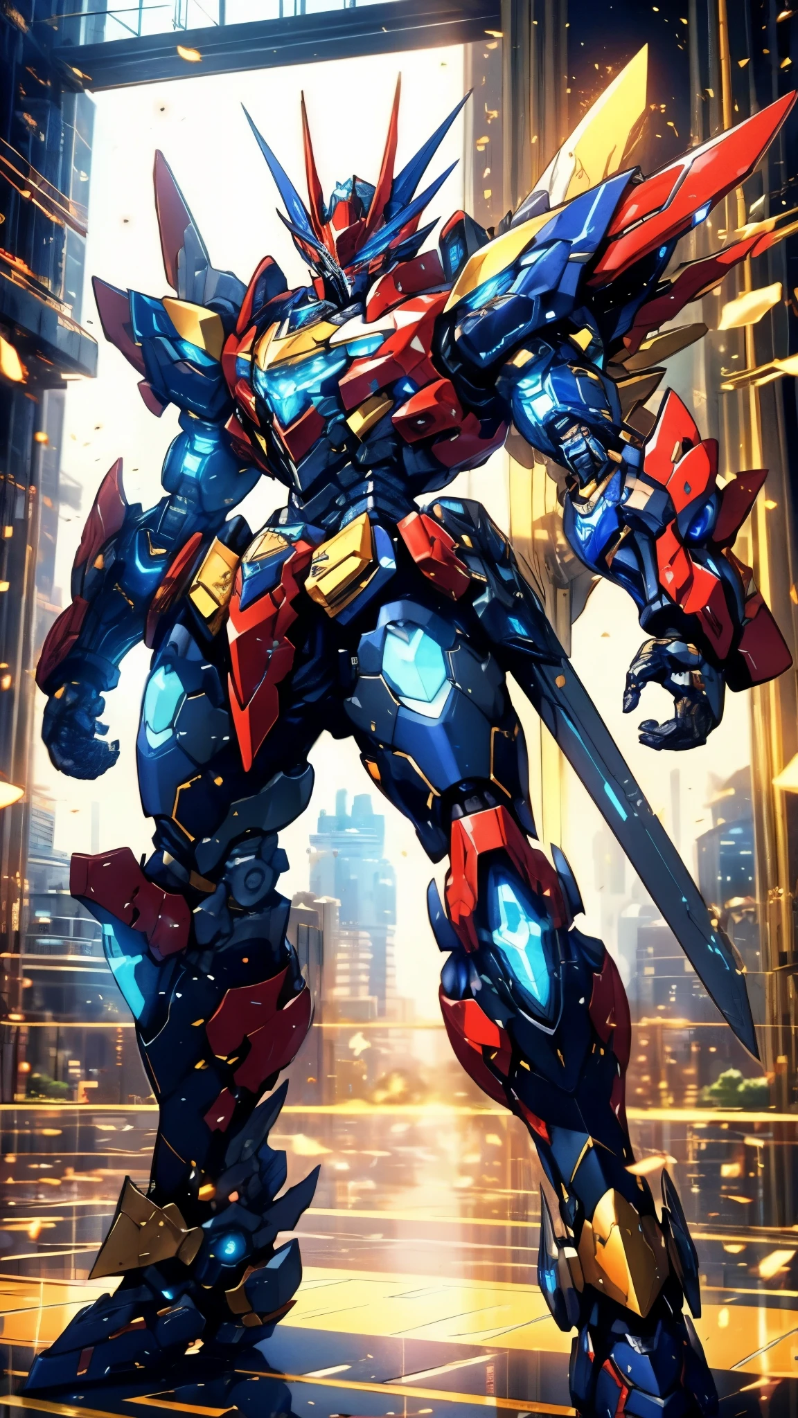 Humanoid Mecha, fully enclosed shoulder guards, matching arm and leg guards, full body, full armor, super robot, the design balances heavy with agility, (the color scheme is primarily white with red and blue accents, the concept Inspired by super robot, Lion concept chest armor, pose, standing, floating high above the futuristic sci-fi city), exquisite and mature art style, (aura effect, energy, glowing eyes, the armor glows), ((SRS)), metallic, dramatic, high definition, best quality, highres, ultra-detailed, ultra-fine painting, extremely delicate, professional, perfect body proportions, anatomically correct, symmetrical face, extremely detailed eyes and face, high quality eyes, creativity, RAW photo, UHD, 32k, Natural light, cinematic lighting, masterpiece-anatomy-perfect, masterpiece:1.5