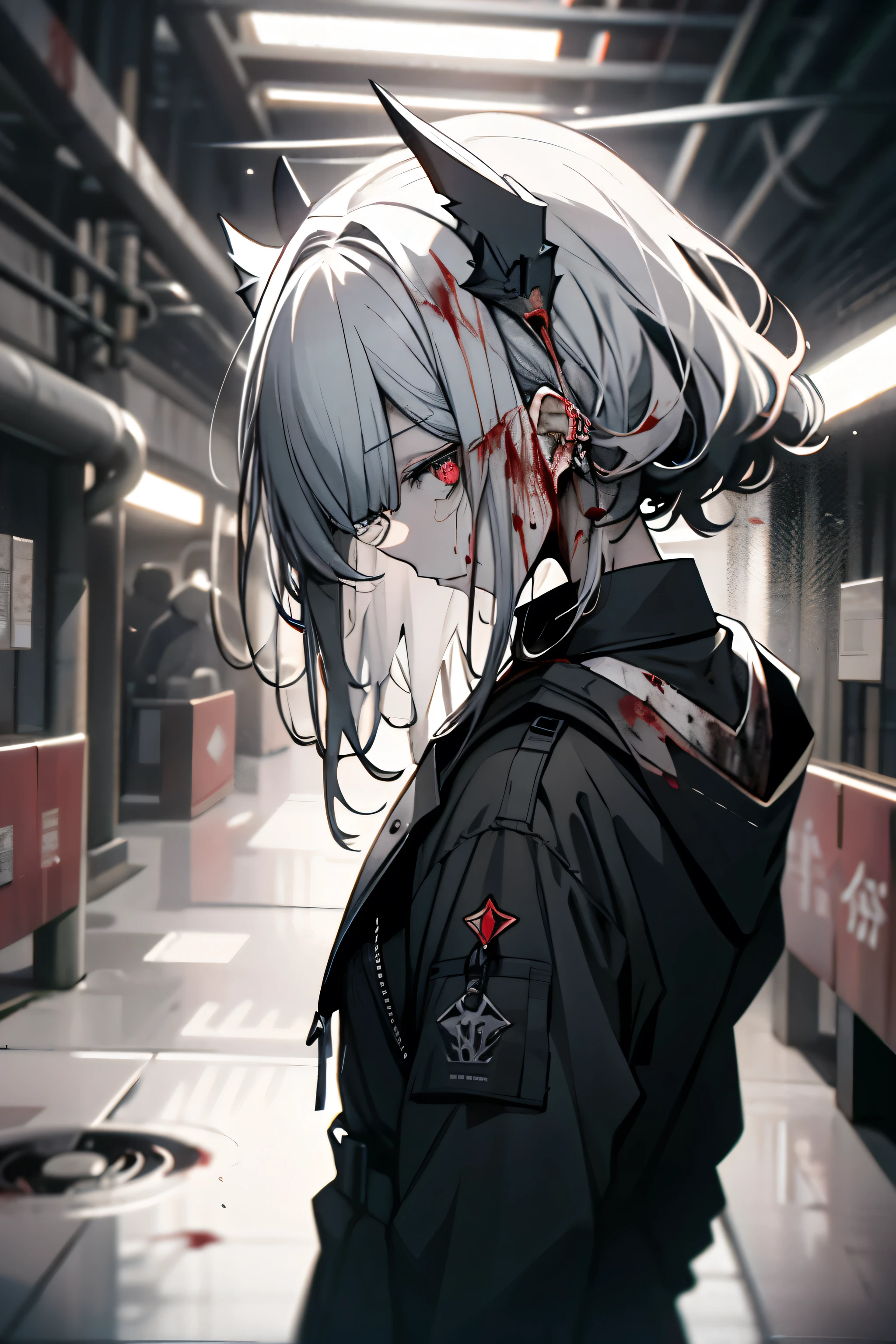 dead body、blood all around、blood spatter、dark hues、red tint、