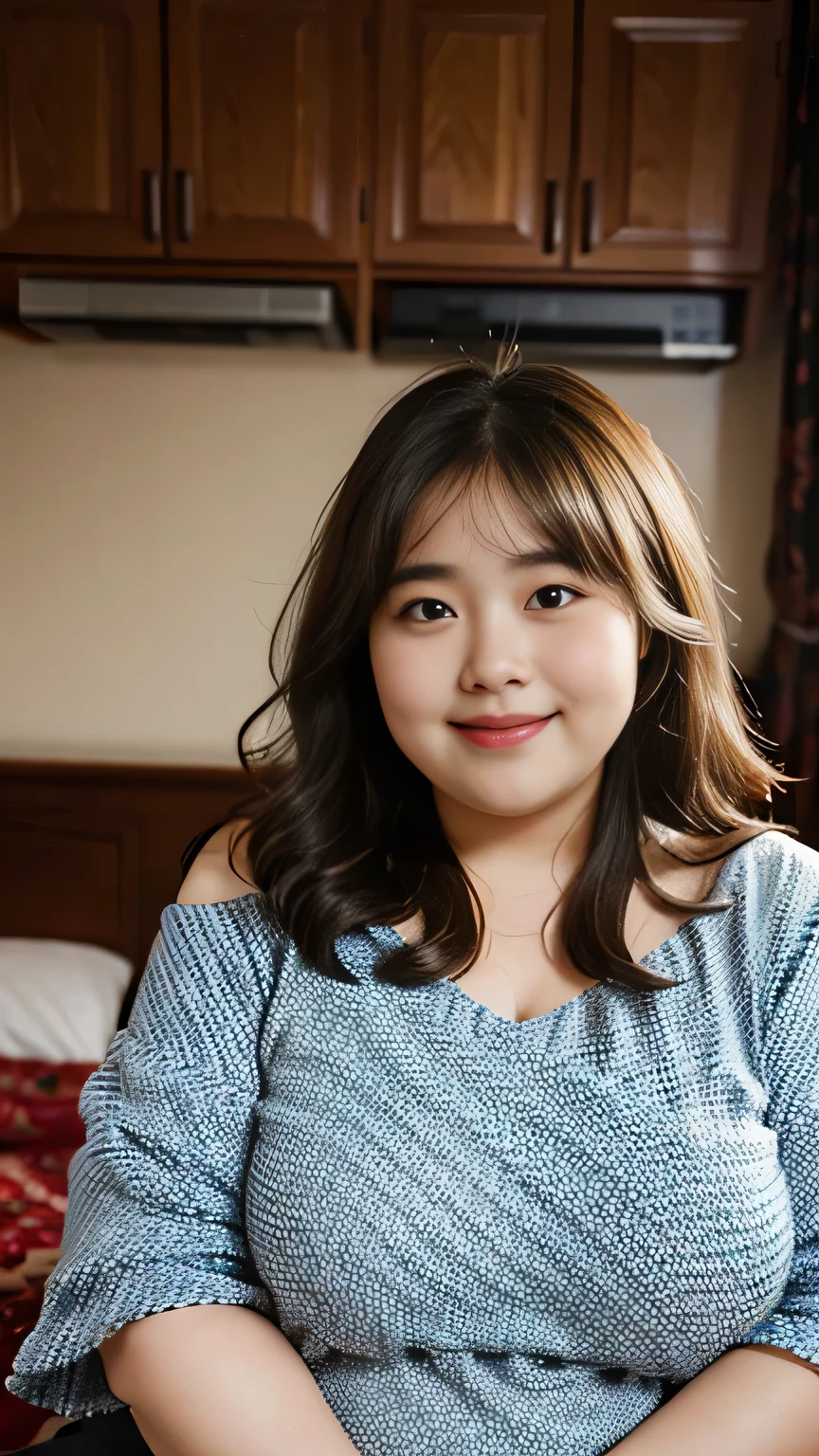 Fat Woman， Obese, Big Size, Round face, Double chin, Overweight,Shoulder-length fluffy hair , witch，Looking at the camera，smile、