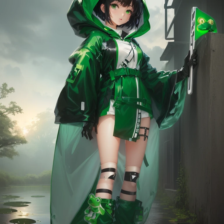 Anime character wearing a green raincoat, Villain Anime Girl, Android Heroine, with cape, , Girl in a hoodie, Anime full body illustration, Black hair in a short bob, Bored look、Wet day、Watching frogs around the pond