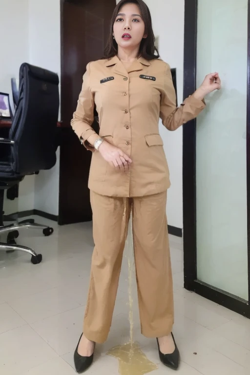 ((melhor qualidade)), ((obra de arte)), (detalhado), sexy secretary in office, angry look on her face, mouth open, pink blouse, dress pants (((peeing herself))), (((peeing pants)))