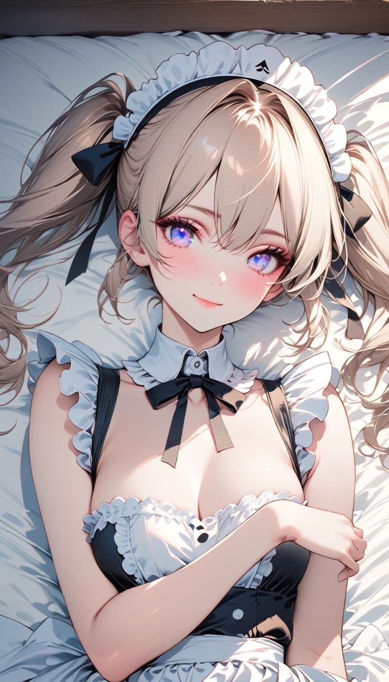 Blonde twin-tailed maid girl,((masterpiece )), (highest quality), (highest quality), ((Super detailed, 8K quality)), aesthetics, Volumetric lighting, (Detailed line drawing), break, Very detailed (Fairy), (One girl), Perfect Face, Details, Double Pigtails, Blunt bangs, (Hair between the eyes), Gray Hair, blue eyes, eyelash, eye shadow, pink eye shadow, A light smile, Design art by Artgerm, Kawashi, by Yoshitaka Amano, break, Portraiture, French maid dressed in French maid uniform, (((Poses that show the whole body))),Lying in bed