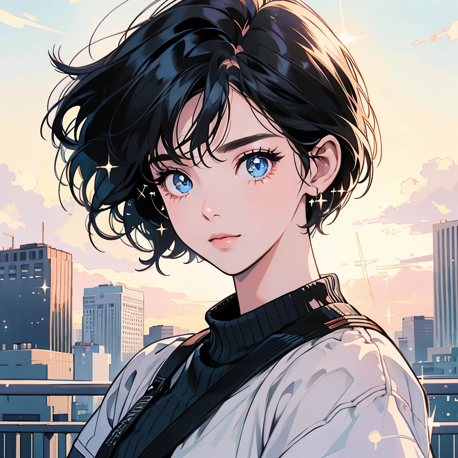 Upper Body、woman1people、highest quality、8K、The wind is blowing、Short sleeve sweater、Sunset、City of the Future、skyscraper、electric wire、pedestrian crossing、logo、line、station、(((Sparkling Eyes)))、(((Strong gaze)))、Black Hair、short hair length、Detailed Hair、Complex background、Detailed、Faint lighting、Backlight、dim、Clouds in the sky、front