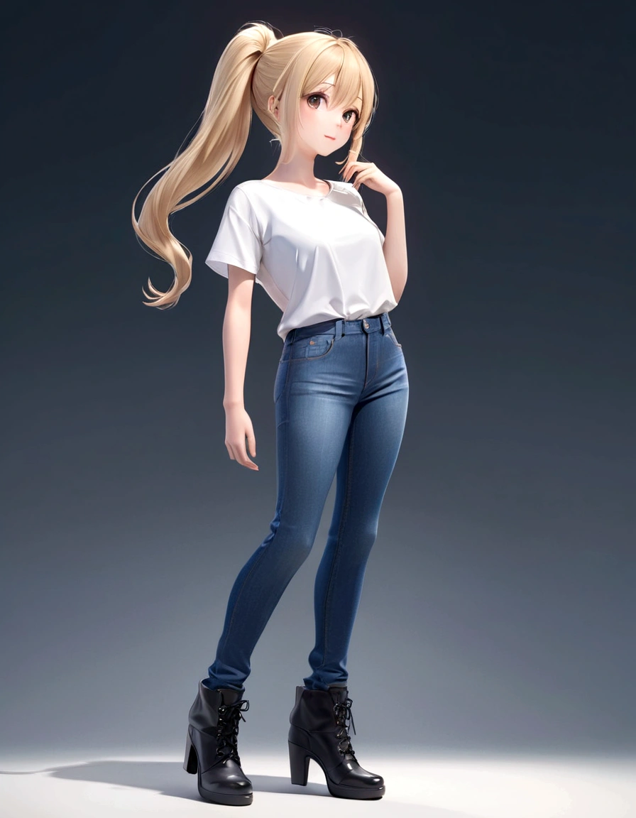 Close-up of man in jeans and white shirt, Realistic anime 3D style, Casual posture, Realistic young anime girl, Realistic anime girl rendering, Single character full body, long-haired blonde anime girl, render of a cute 3D Anime Girl, female anime character, Smooth anime CG art, Anime VTuber full body model, 3D Anime Girl