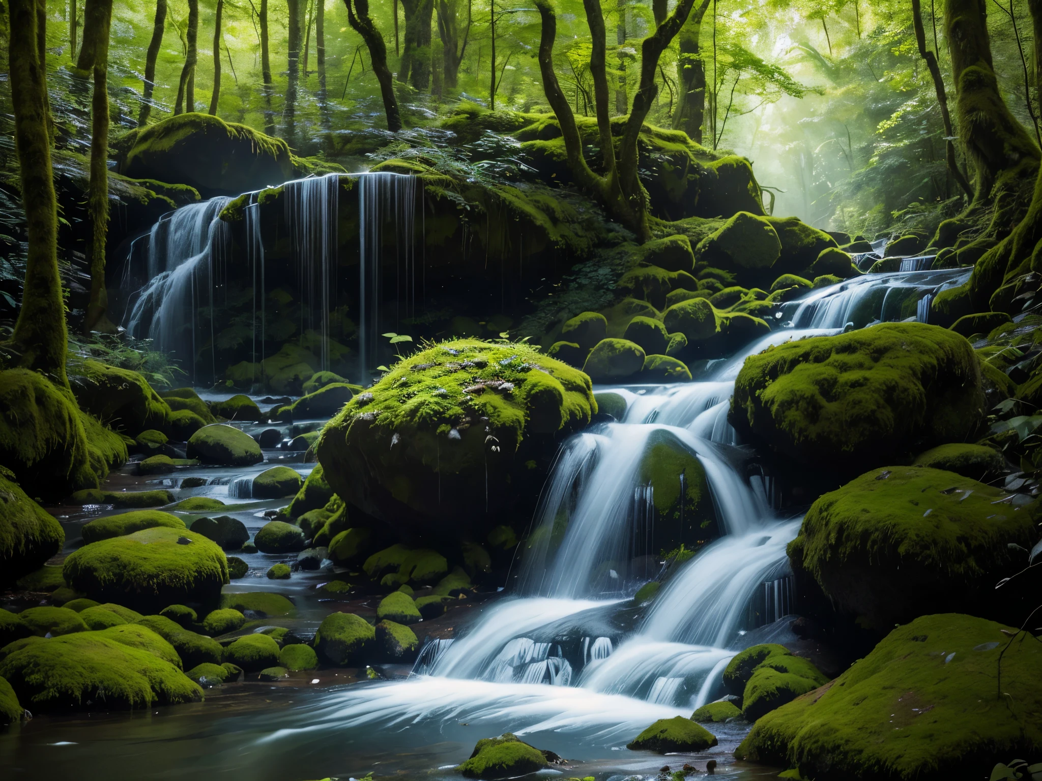 Describe this image in detail: The image features a lush, green forest with a stream running through it. The stream is surrounded by mossy rocks and trees , creating a serene and peaceful atmosphere. The sun is shining down through the trees, illuminating the scene and creating a magical atmosphere. In the foreground, there is a small waterfall, adding to the natural beauty of the forest. The scene is filled with life and energy, with the sun shining through the forest and illuminating the mossy stones and trees.