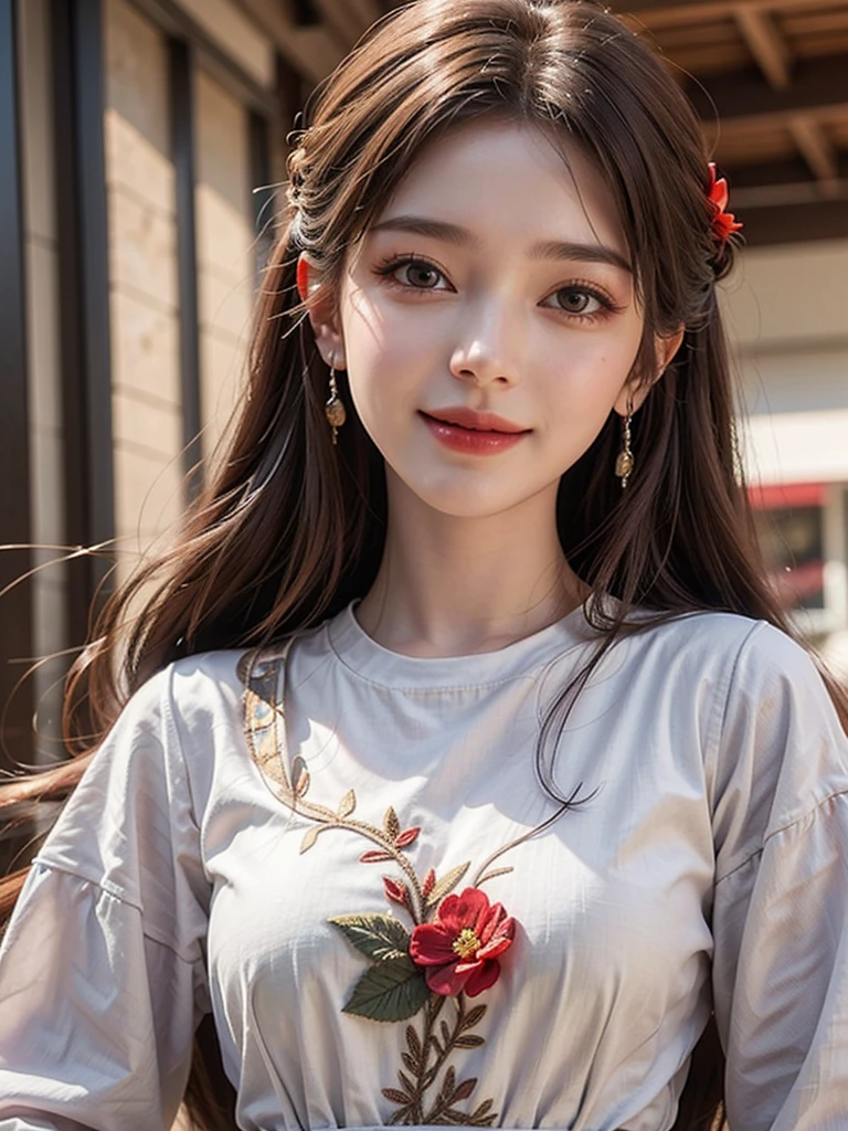 (girl,day view),(illustration close shot),(pretty,very long hair),(best quality,Super fine details),(romantic,colorful),Symmetrical charming eyes, smile,embroidery, long thin dress