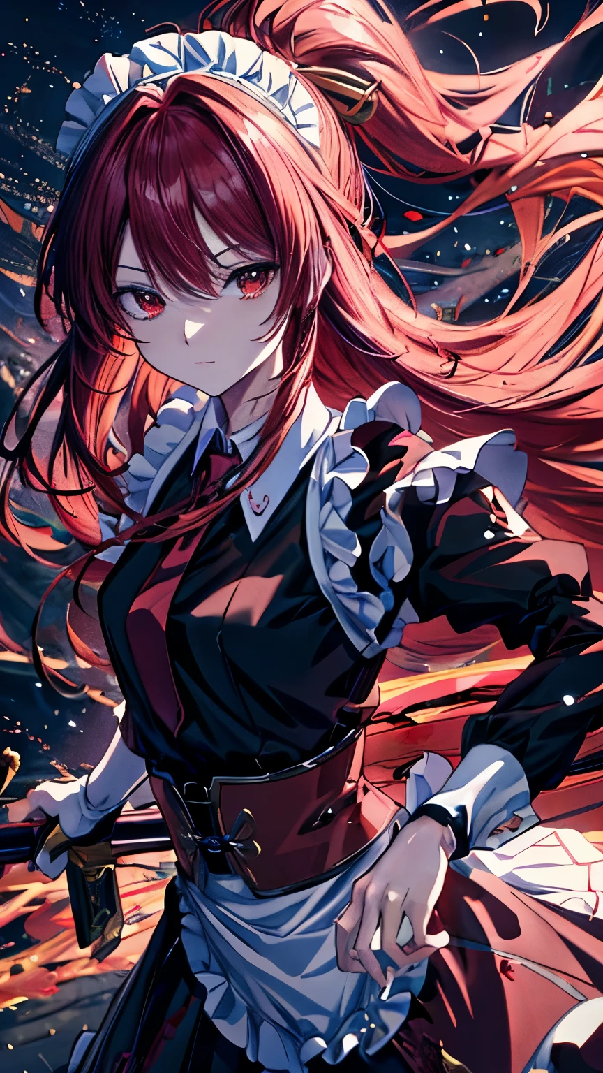 Maid、high quality、high resolution、beautiful、Crimson Red Long Hair、Anime girl with a sword, Best Anime 4K Konachan Wallpaper, Detailed digital anime art, Detailed anime artワーク, anime art wallpaper 4k, anime art wallpaper 4k, Detailed anime art, anime wallpaper 4k, anime wallpaper 4k, Anime Art Wallpapers 8K, 4k anime wallpaper, 8k high quality detailed art