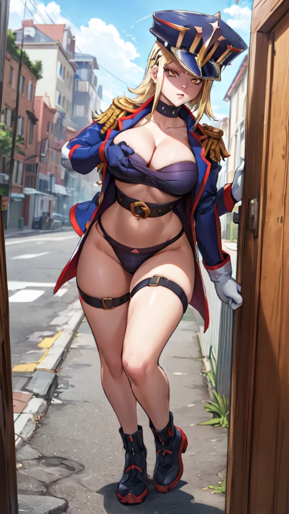 sfw, MiraKamiunten, streaked hair, earrings, military hat, white gloves, sarashi, huge breast, cleavage, purple jacket, red belt, spiked collar, epaulettes, fundoshi, (masterpiece, highest quality, best quality, official art, beautiful and aesthetic: 1.2), (1girl), extremely detailed, (fractal art: 1.3), colorful, highest detailed, perfect face, HDR, bright colors, huge breasts, detailed face, detailed eyes, perfect face, perfect eyes, (full body),