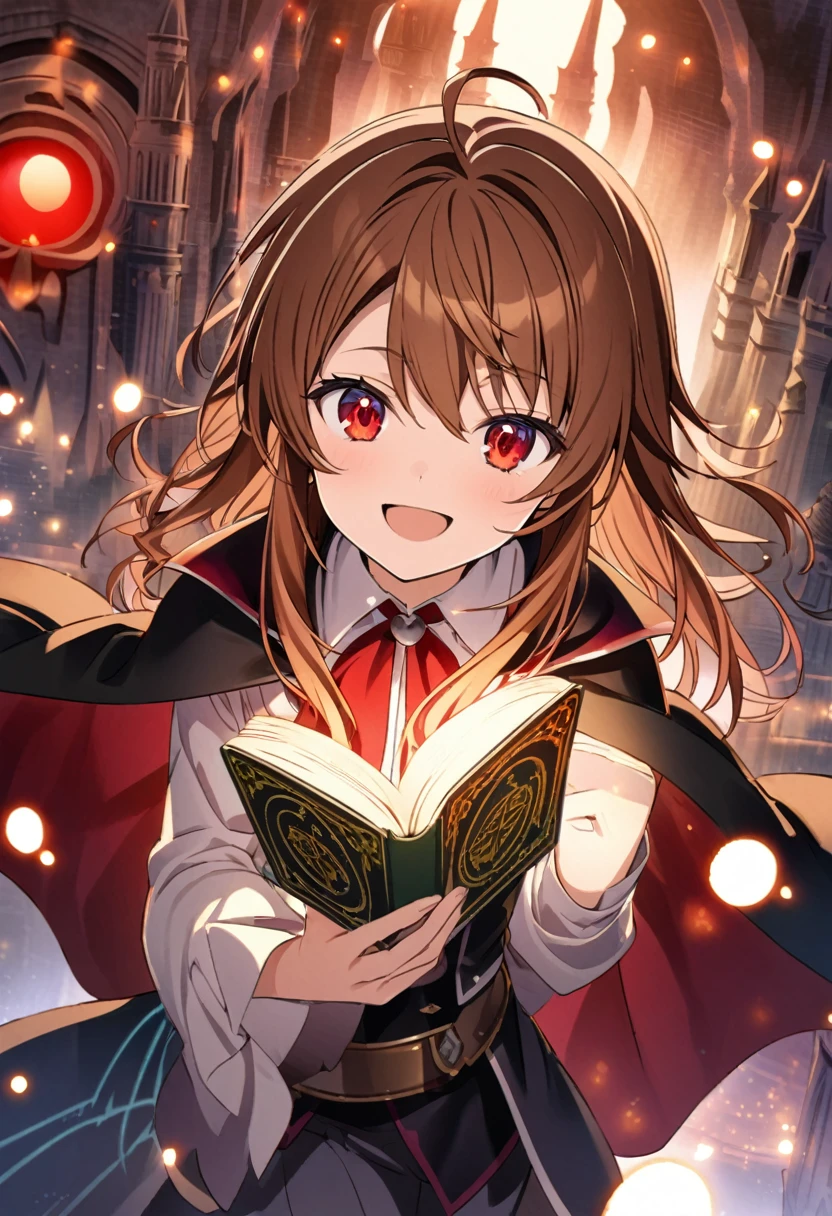 Asakura Yoh \(AKB0048 Next Stage\), (short brown hair), (blood red eyes):1.2, vampire costume, bangs, smiling cheerfully, cape, magic book, ((ultra-detailed)), ((illustration)), ((neat hair)), (beautiful detailed eyes), male, 1boy, standing, ((Mage Tower)), looking at viewer