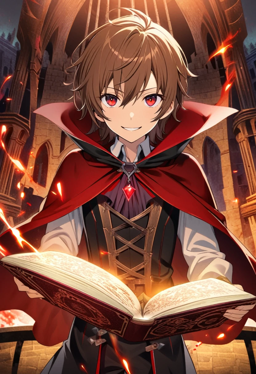 Asakura Yoh \(AKB0048 Next Stage\), (short brown hair), (blood red eyes):1.2, vampire costume, bangs, smiling cheerfully, cape, magic book, ((ultra-detailed)), ((illustration)), ((neat hair)), (beautiful detailed eyes), male, 1boy, standing, ((Mage Tower)), looking at viewer