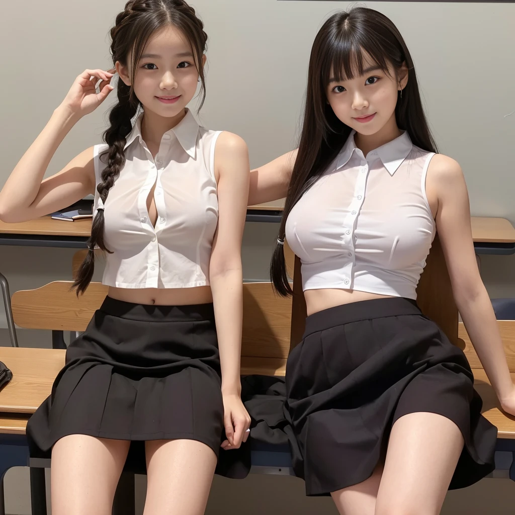 (Two )、Young face、(White buttoned and collared shirt)、(Very short micro skirt)、(Looking at me with a smile)、Female in her early teens、(Big Breasts)、ss shirt that accentuates the shape of the breasts)、classroom、Angle from below、(Nobody background)、Not wearing a bra、Her skirt is flipped up and her pussy is visible.、(Underboob)、(Exposing her belly)、(whole body)、Braid、Showing her side、(See-through)、Temptation Pose、(Cowboy Shot)