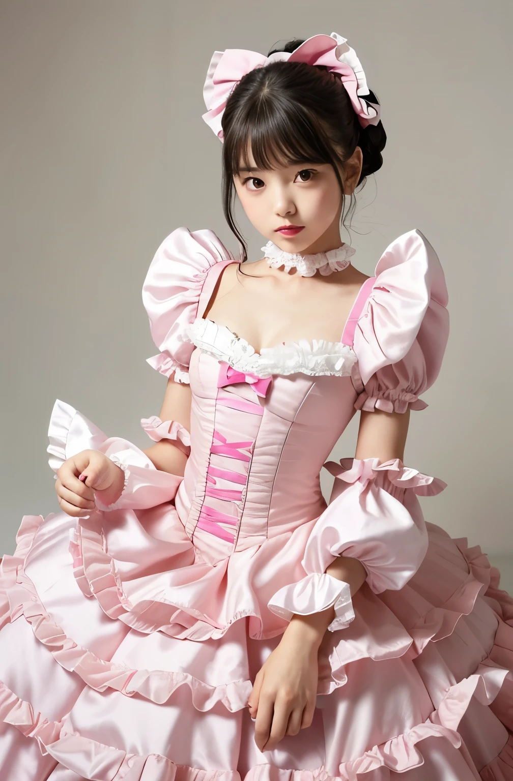 ,highest quality, masterpiece, Highest Resolution, artwork, super それにGet used to it, many Get used to it, Get used to it, それにGet used to it, ,,((-yeld gier detailed baby face,Prin gown dress with hoop skirt,Frilled yoke collar,Ribbon woven on chest,Puff sleeves,((Her skirt is pulled up and rolled up and her thighs are visible,)),((Lolita style hot pink detailed princess satin dress、Lots of frills and ribbons。))