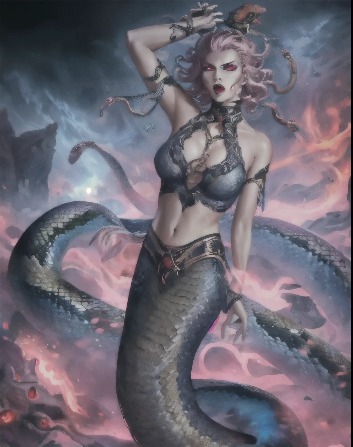 gorgon, gray skin, nsfw, snake eyes, angry face, gothic makeup, tribal markings, (masterpiece),  best quality, highres, 4k, 8k, Detailed Illustration, intricate detail, cinematic lighting, amazing quality, amazing shading, soft lighting, upper body, midriff, breasts, torso, scales, snake hair, snakes, fangs, saigyouji_yuyko_touhou, short_hair, pink hair, red_eyes