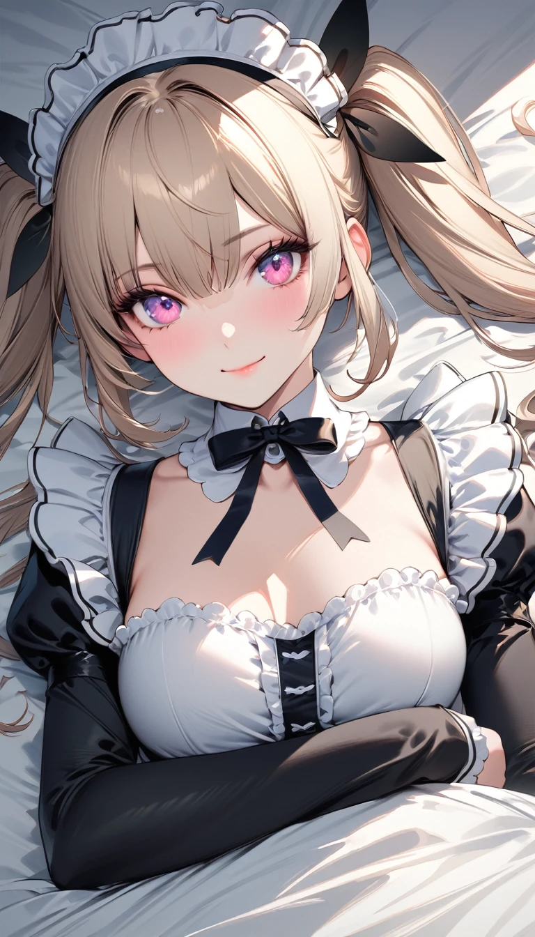 Blonde twin-tailed maid girl,((masterpiece )), (highest quality), (highest quality), ((Super detailed, 8K quality)), aesthetics, Volumetric lighting, (Detailed line drawing), break, Very detailed (Fairy), (One girl), Perfect Face, Details, Double Pigtails, Blunt bangs, (Hair between the eyes), Gray Hair, blue eyes, eyelash, eye shadow, pink eye shadow, A light smile, Design art by Artgerm, Kawashi, by Yoshitaka Amano, break, Portraiture, French maid dressed in French maid uniform, (((Poses that show the whole body))),Lying in bed