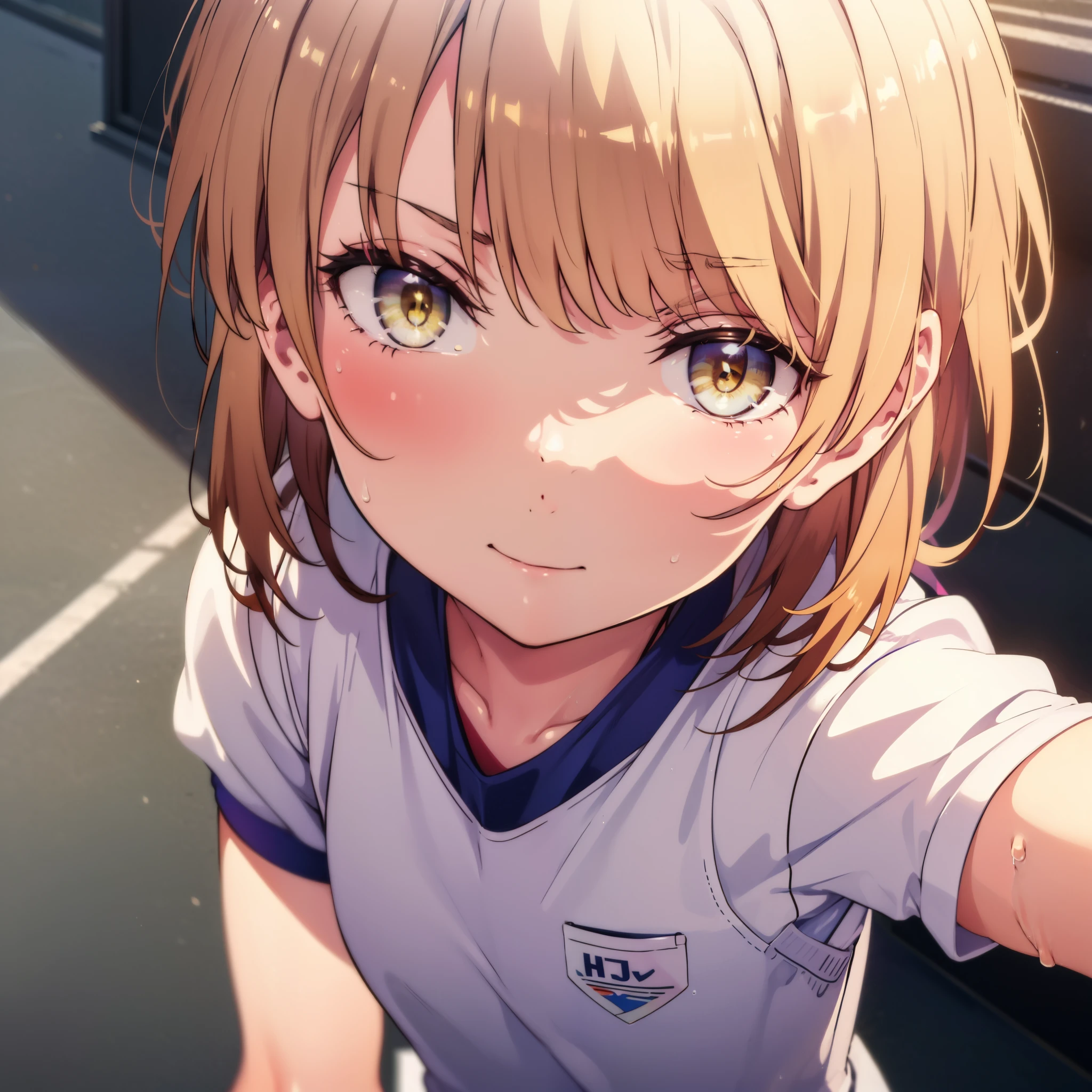 irohaisshiki, iroha isshiki, short hair, Brown Hair, (Brown eyes:1.5), smile,Open your mouth,Sweat,Wet Skin,Wet clothes,Sportswear,Bloomers,sneakers,So that the whole body goes into the illustration,running,Looking down from above,
Destroy outdoors, School　playground,
壊す looking at viewer,Systemic
break (masterpiece:1.2), highest quality, High resolution, unity 8k wallpaper, (figure:0.8), (Beautiful fine details:1.6), Highly detailed face, Perfect lighting, Highly detailed CG, (Perfect hands, Perfect Anatomy),