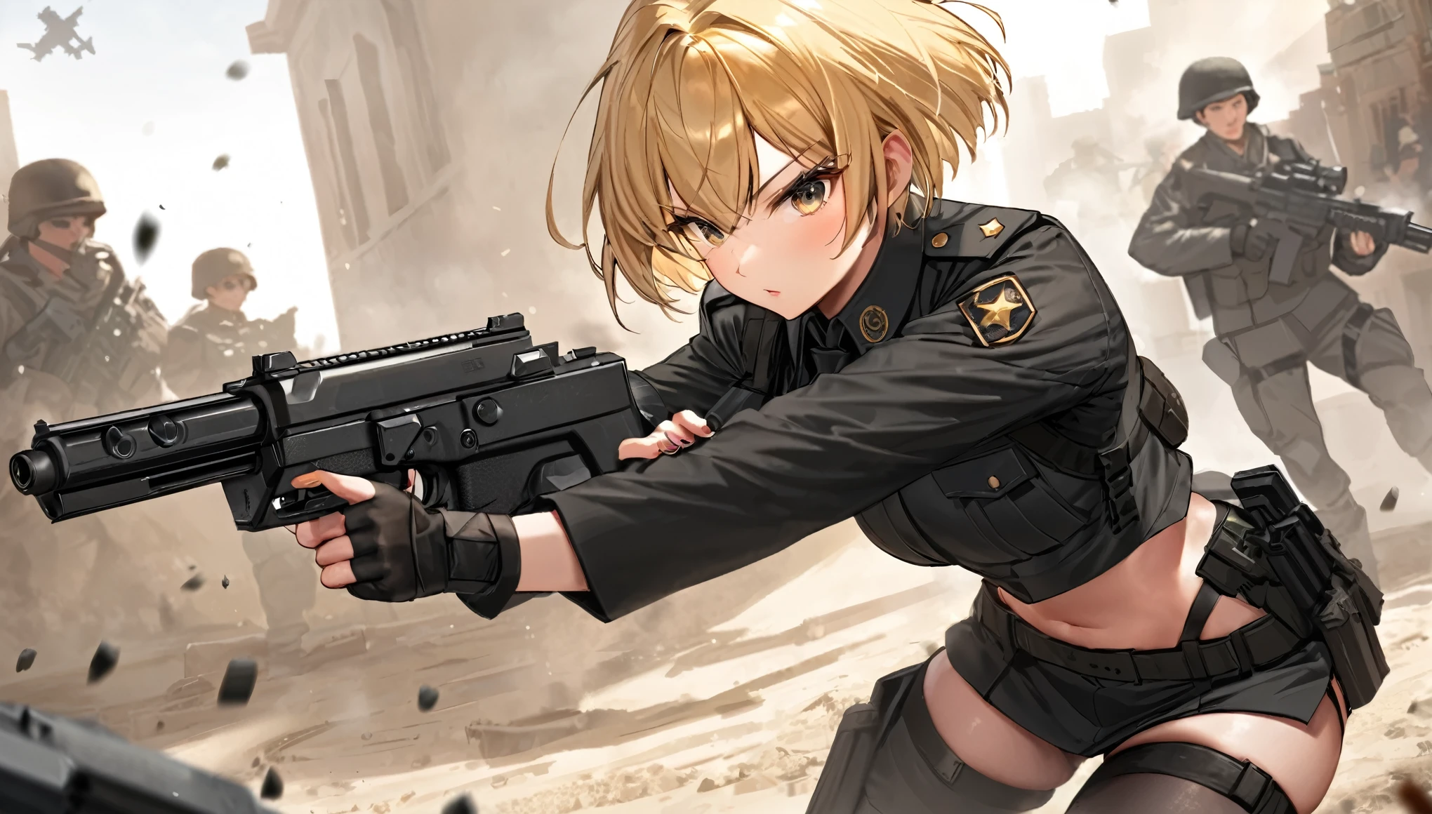 Female Soldier、Hold a gun、battle、Sexy black combat uniform、Blonde Short Hair