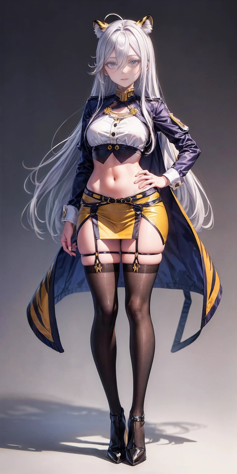 ((Masterpiece, plain background:1,2, masterpiece)) full body standing yellow tiger print stockings, hands on waist, navel (Vladilena Milize) (grey eyes:1.5) grey hair, hair between eyes, long hair