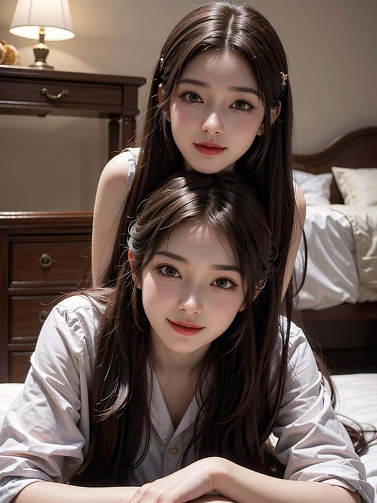 (girl,day view),(illustration close shot),(pretty,very long hair),(best quality,Super fine details),(romantic,colorful),Symmetrical charming eyes, smile,embroidery,high-heels, indoors,sleep on Beds, nightdress