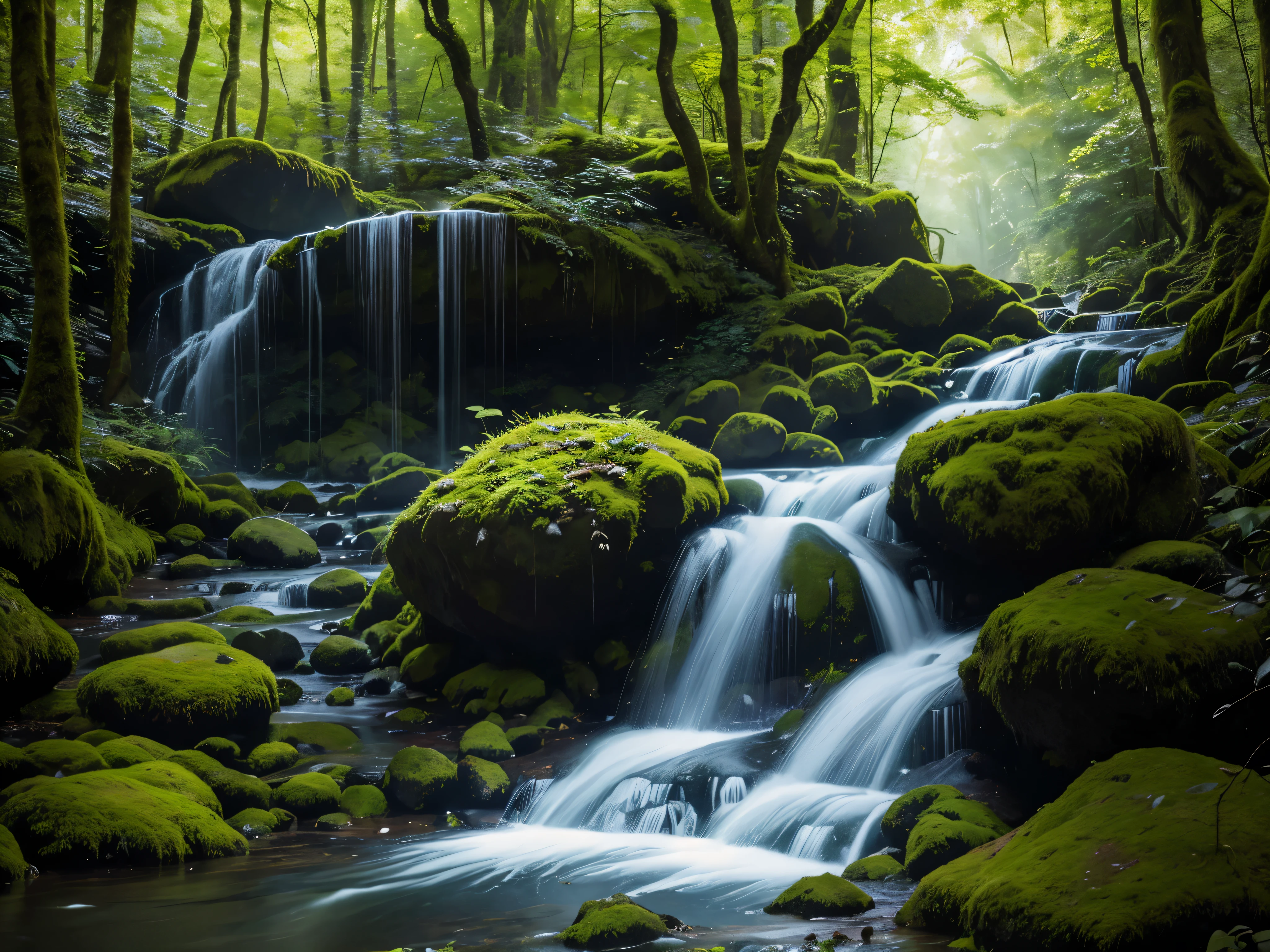 Describe this image in detail: The image features a lush, green forest with a stream running through it. The stream is surrounded by mossy rocks and trees , creating a serene and peaceful atmosphere. The sun is shining down through the trees, illuminating the scene and creating a magical atmosphere. In the foreground, there is a small waterfall, adding to the natural beauty of the forest. The scene is filled with life and energy, with the sun shining through the forest and illuminating the mossy stones and trees.
