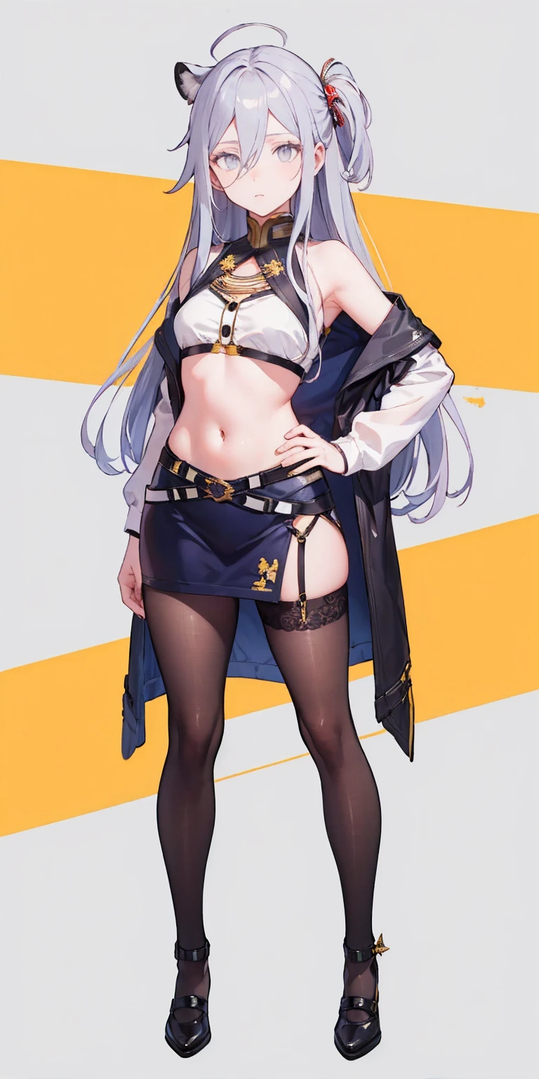 ((Masterpiece, plain background:1,2, masterpiece)) full body standing yellow tiger print stockings, hands on waist, navel (Vladilena Milize) (grey eyes:1.5) grey hair, hair between eyes, long hair