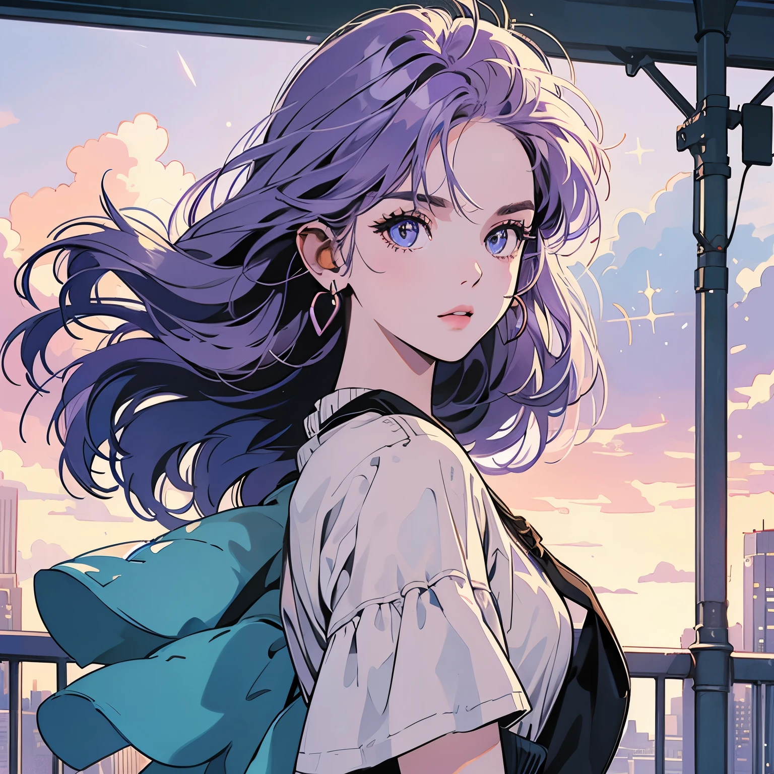 Upper Body、woman１people、highest quality、8K、The wind is blowing、Short sleeve sweater、Sunset、City of the Future、skyscraper、electric wire、pedestrian crossing、logo、line、station、(((Sparkling Eyes)))、(((Strong gaze)))、Light purple hair、Hair Length Medium、Detailed Hair、Complex background、Detailed、Faint lighting、Backlight、dim、Clouds in the sky、front